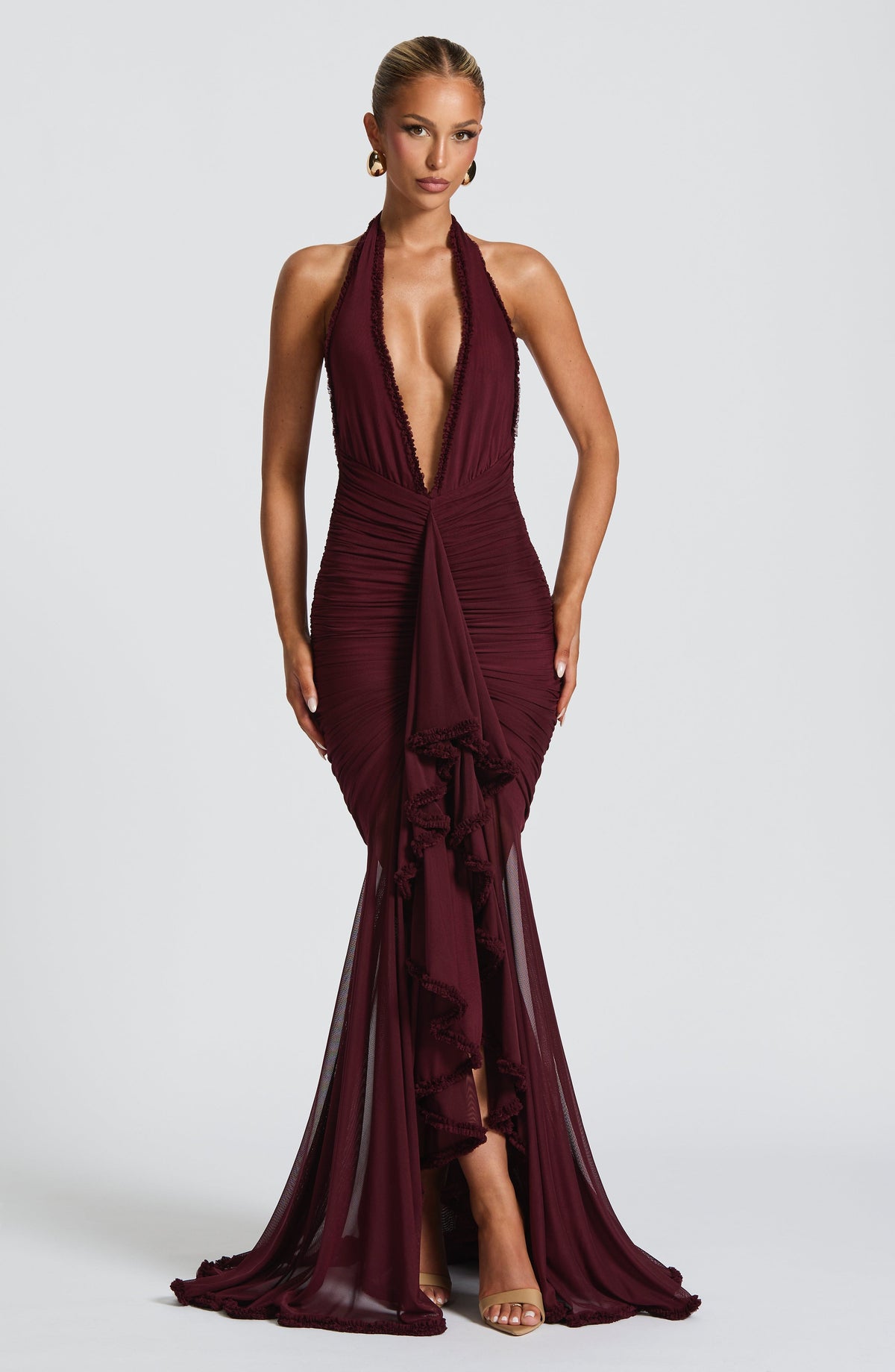 L.F Women's Dress Plunge Maxi Cherry Lacquer Stretch Mesh Evening