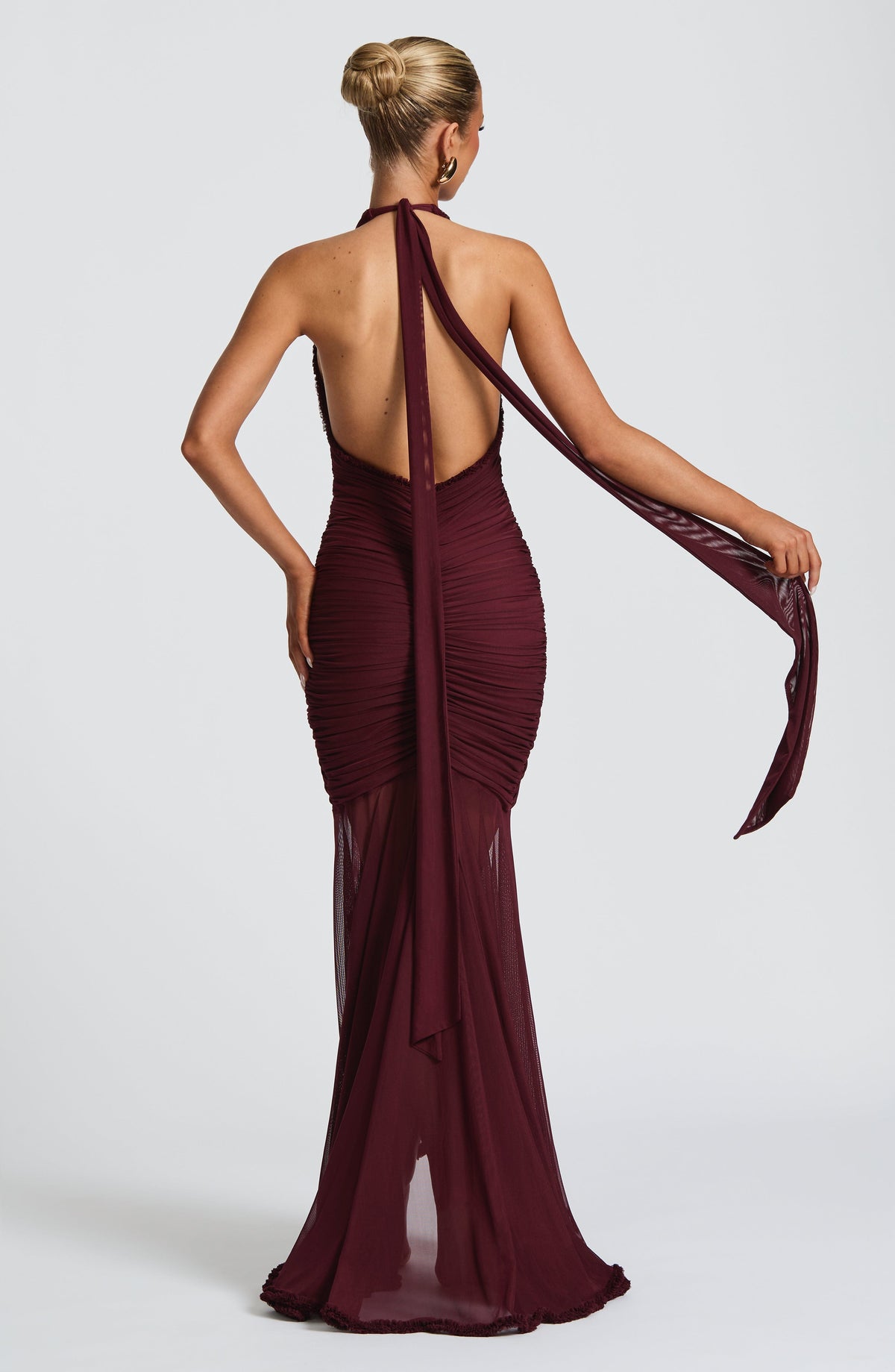 L.F Women's Dress Plunge Maxi Cherry Lacquer Stretch Mesh Evening