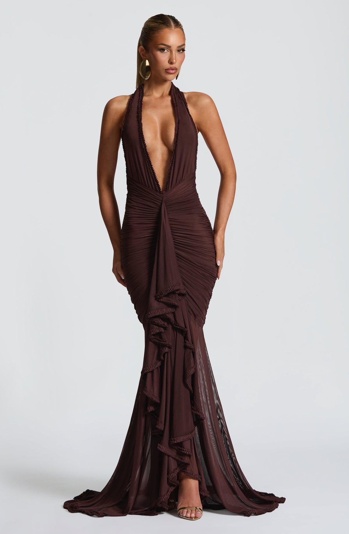 L.F Women's Dress Janessa Maxi Plum Brown Stretch Mesh Formal