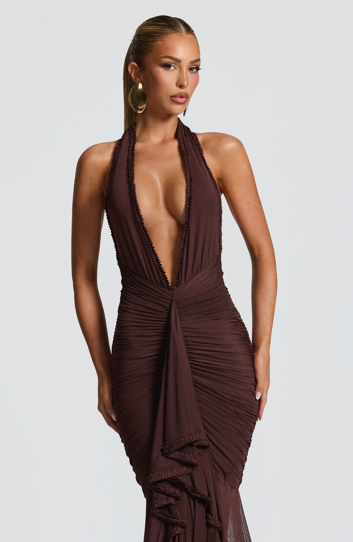 L.F Women's Dress Janessa Maxi Plum Brown Stretch Mesh Formal