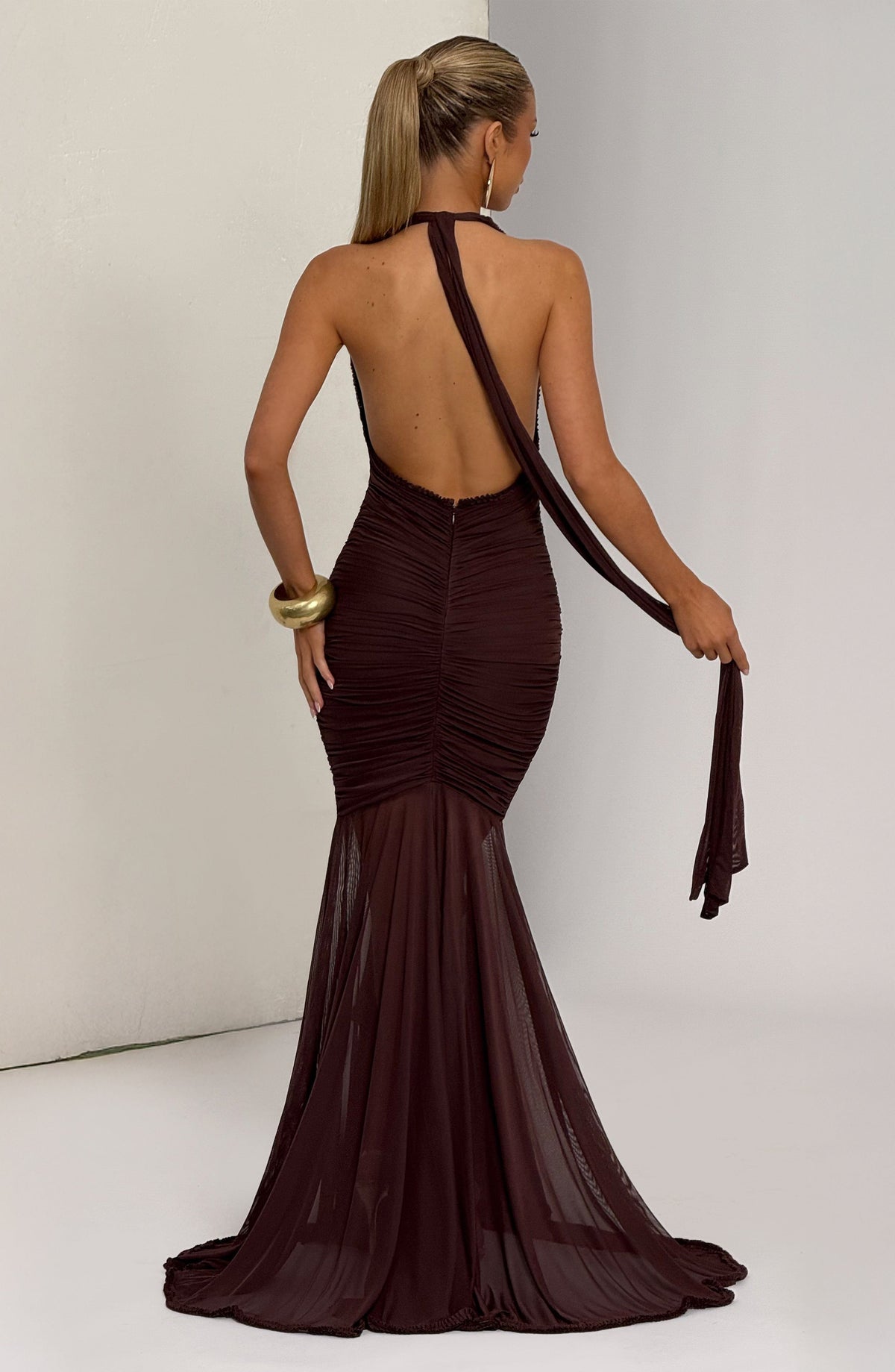 L.F Women's Dress Janessa Maxi Plum Brown Stretch Mesh Formal