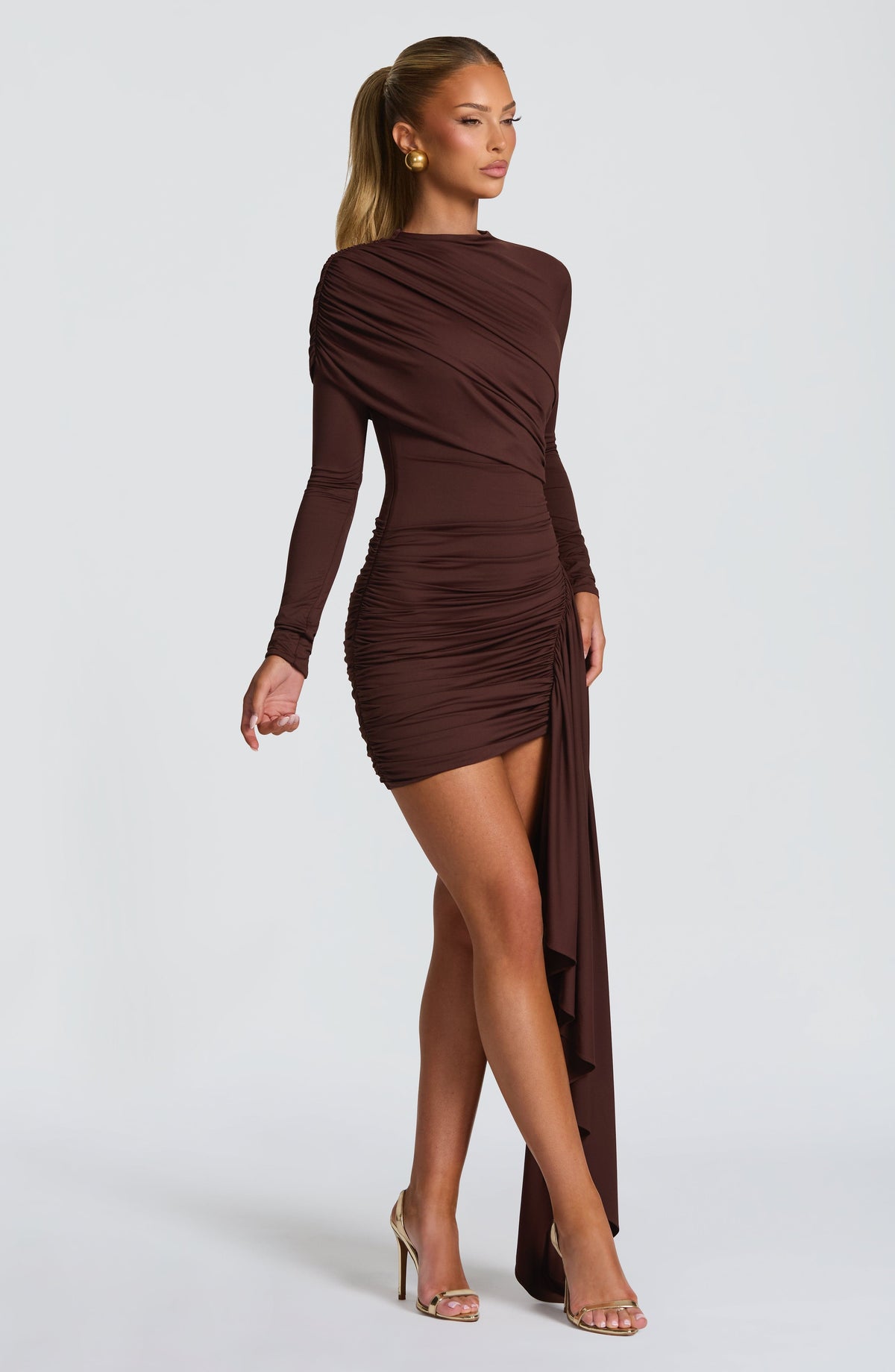 DIA Women's Dress Ruched Mini Plum Brown Jersey Evening Party