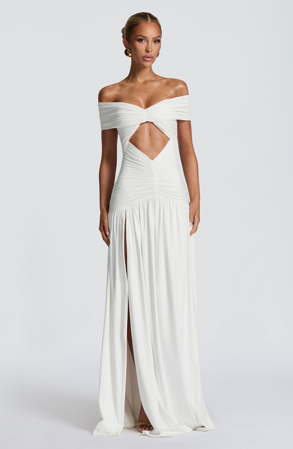 DIA Women's Dress Bardot Maxi White Ruched Jersey Formal Party