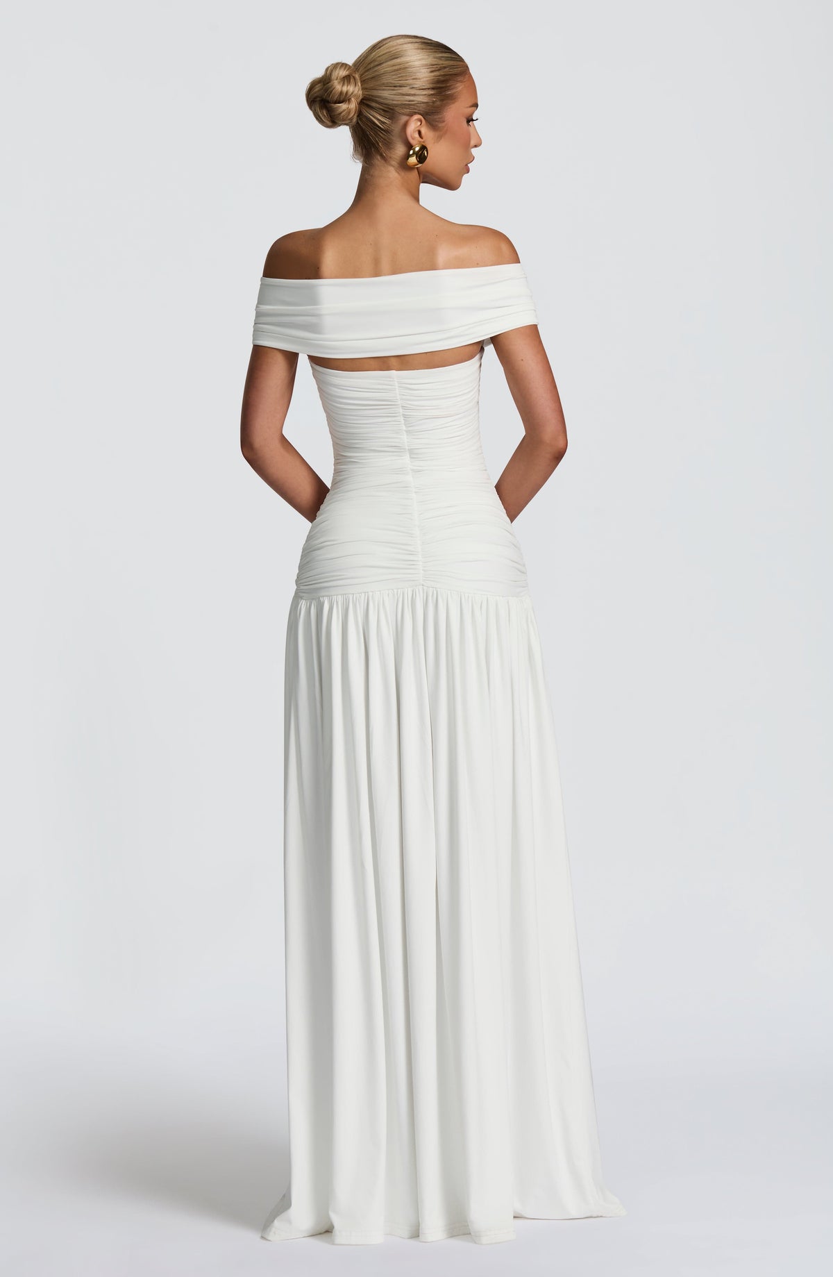 DIA Women's Dress Bardot Maxi White Ruched Jersey Formal Party