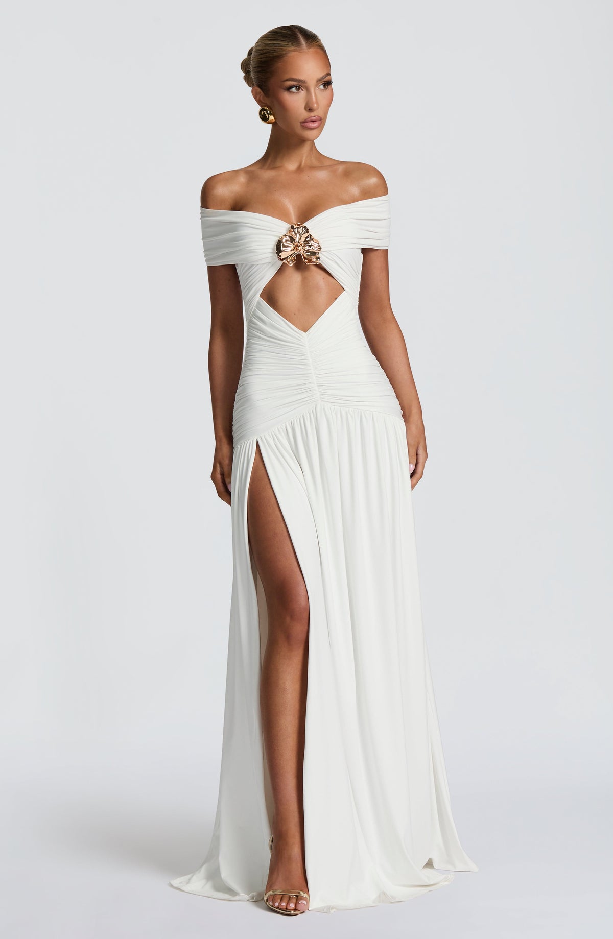 DIA Women's Dress Bardot Maxi White Ruched Jersey Formal Party