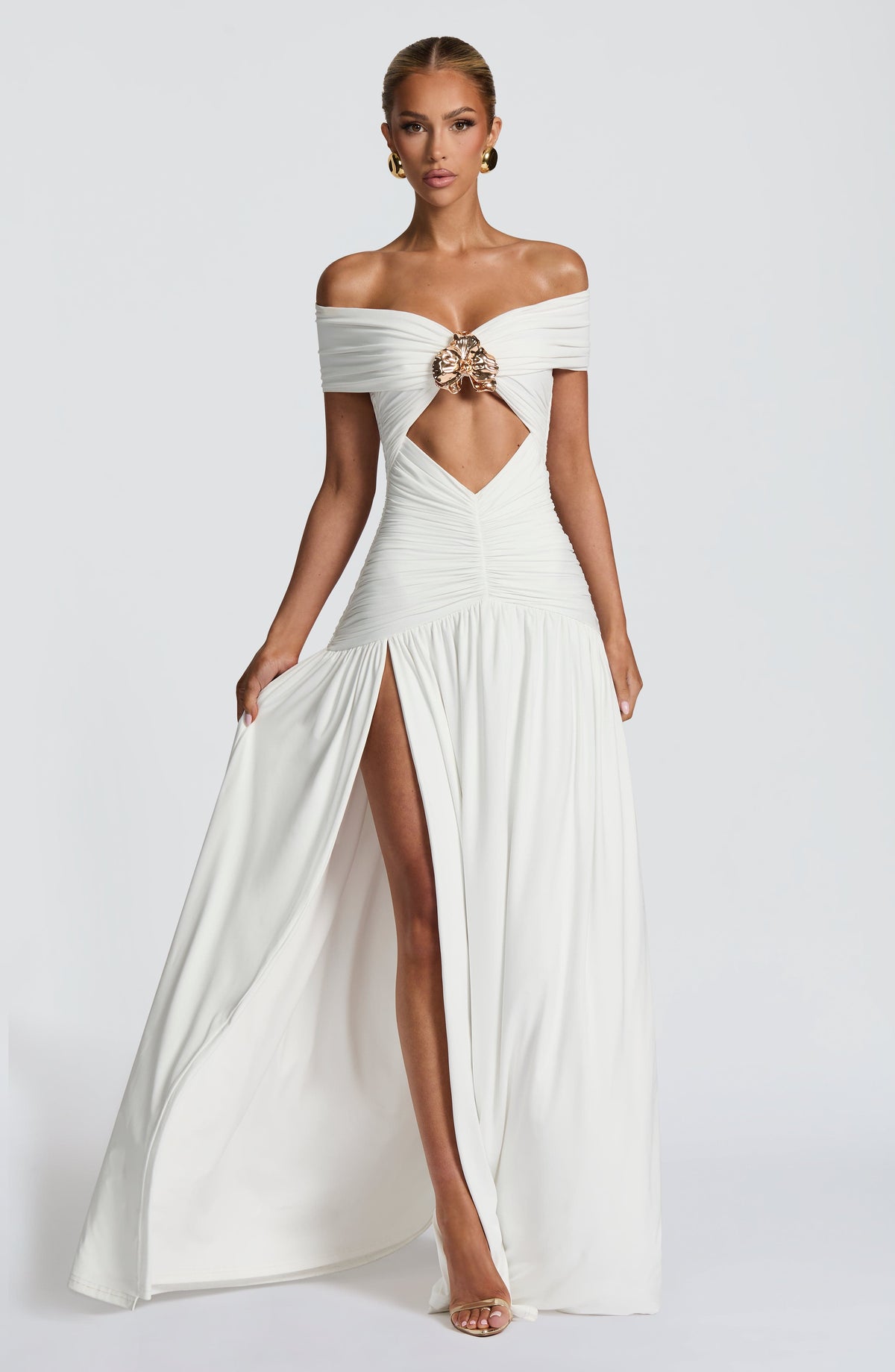 DIA Women's Dress Bardot Maxi White Ruched Jersey Formal Party