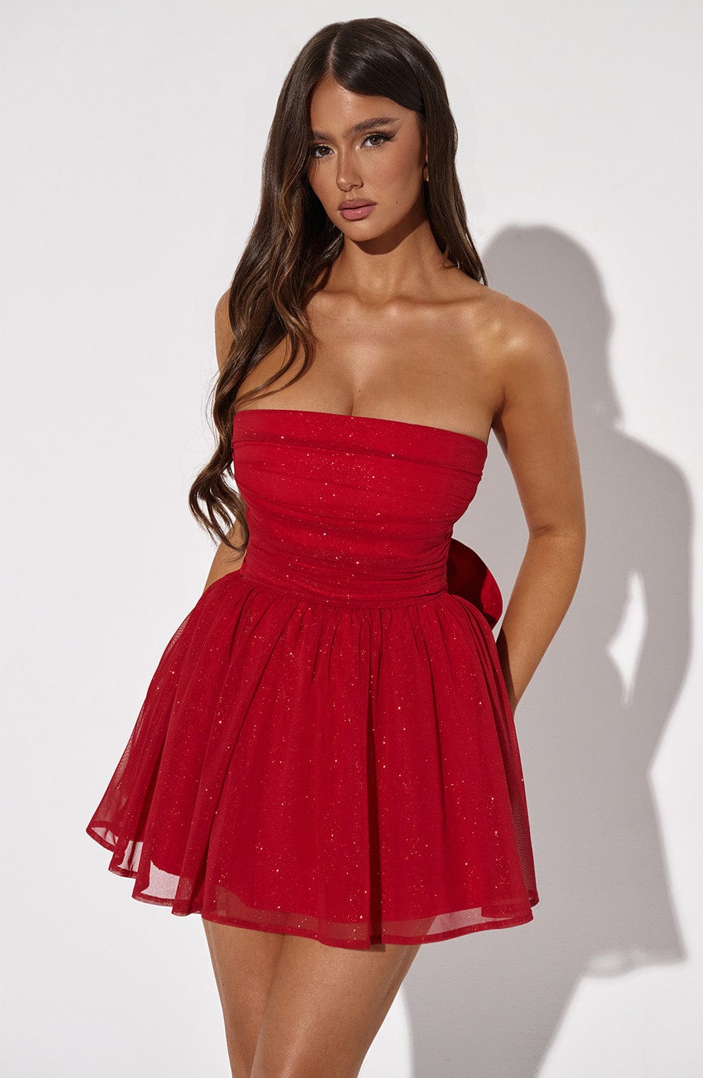 L.F Women's Dress Strapless Corset Bubble Hem Red Sparkle Sequin Party