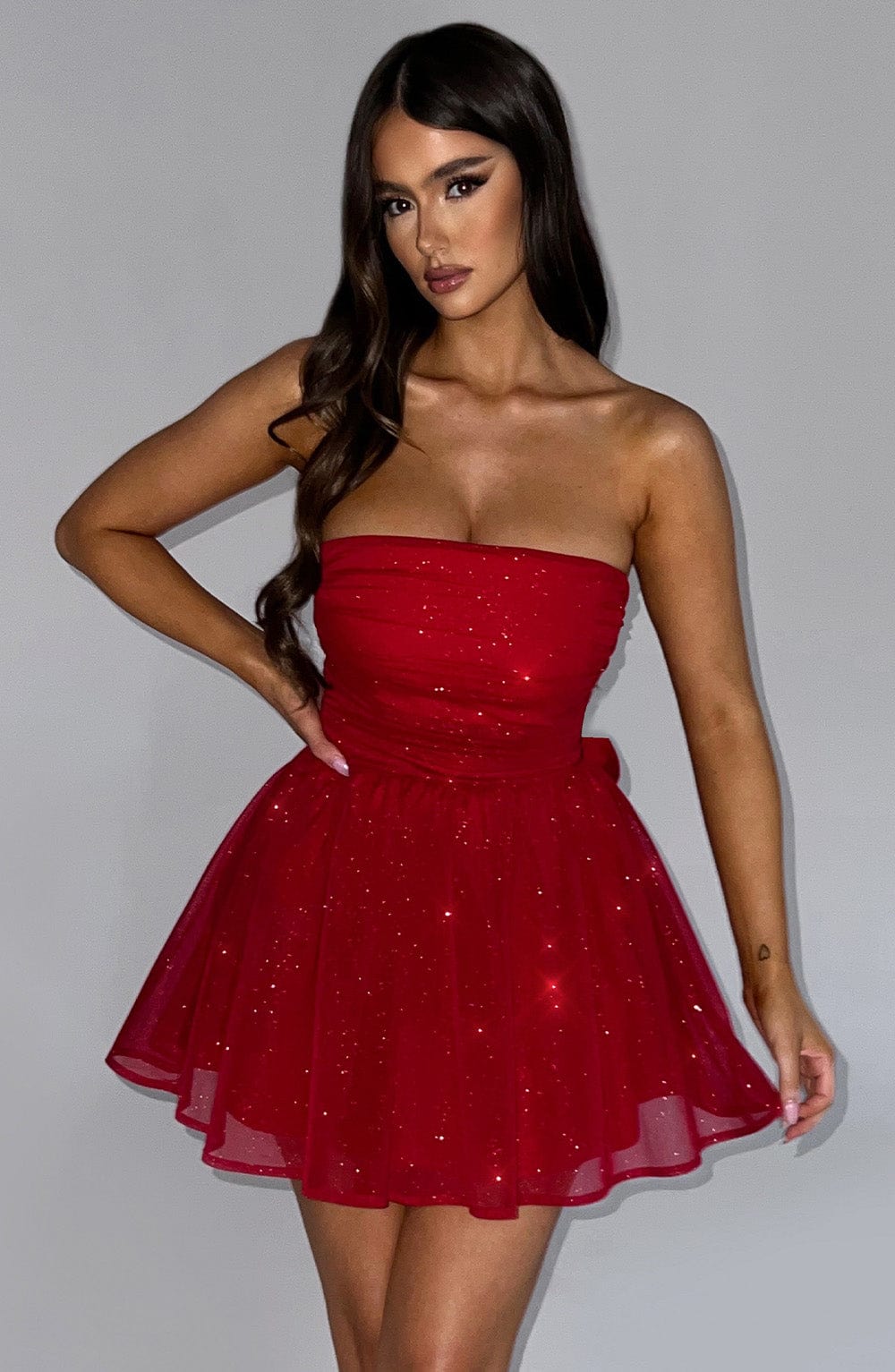 L.F Women's Dress Strapless Corset Bubble Hem Red Sparkle Sequin Party