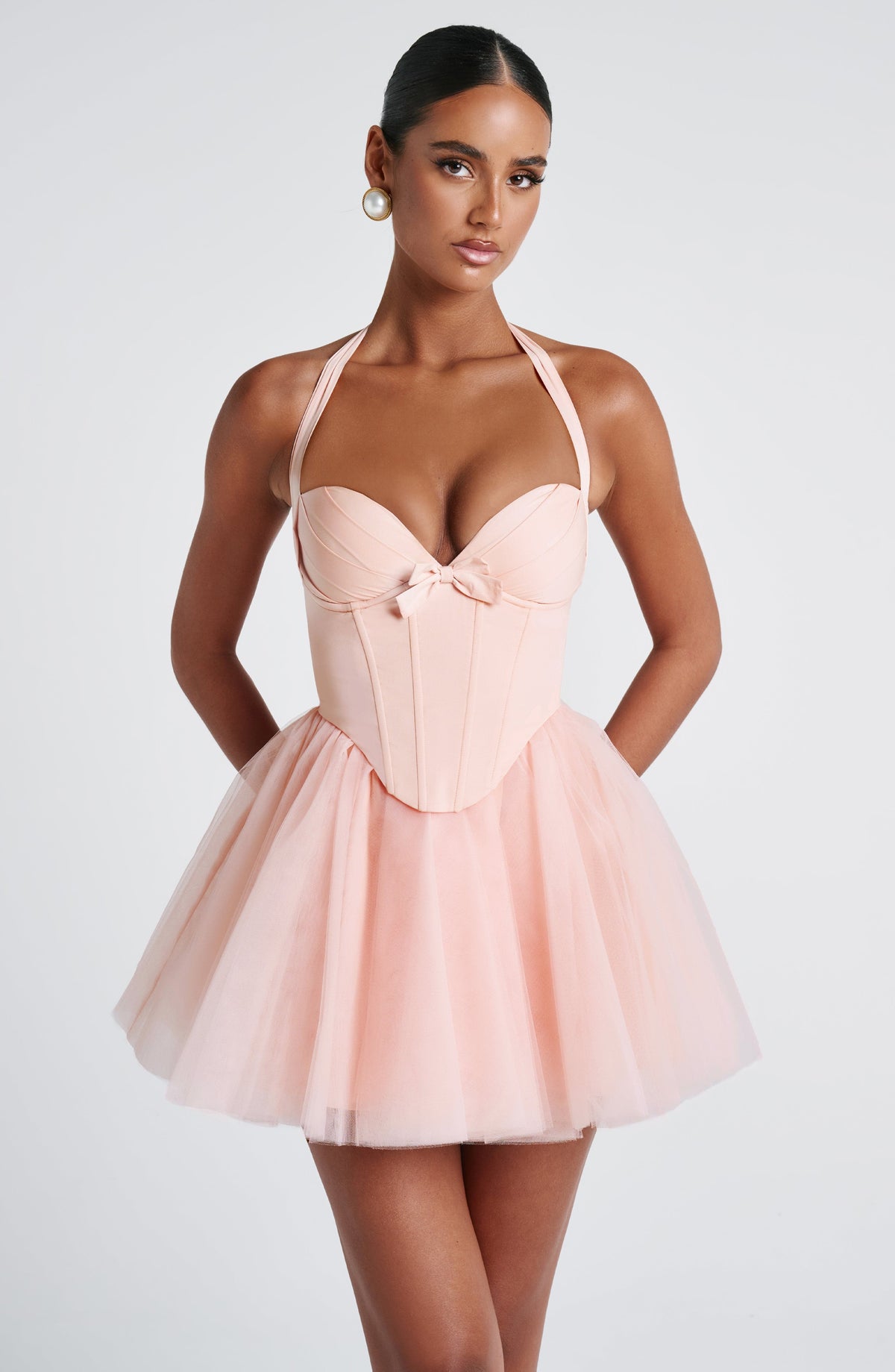 M.T Women's Dress Keely Corset Mini Soft Peach Tulle Party