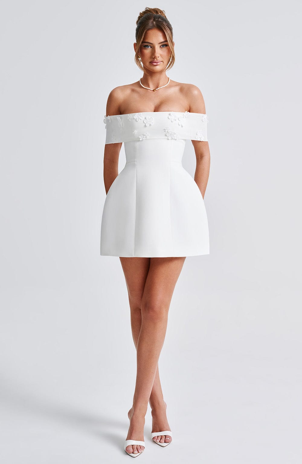 R.F Women's Dress Laurel Bardot Ivory Crepe Mesh Party