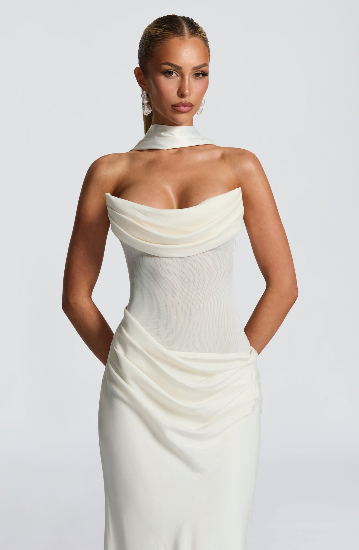 Women's Dress Cowl Neck Ivory Mesh Bridal Evening