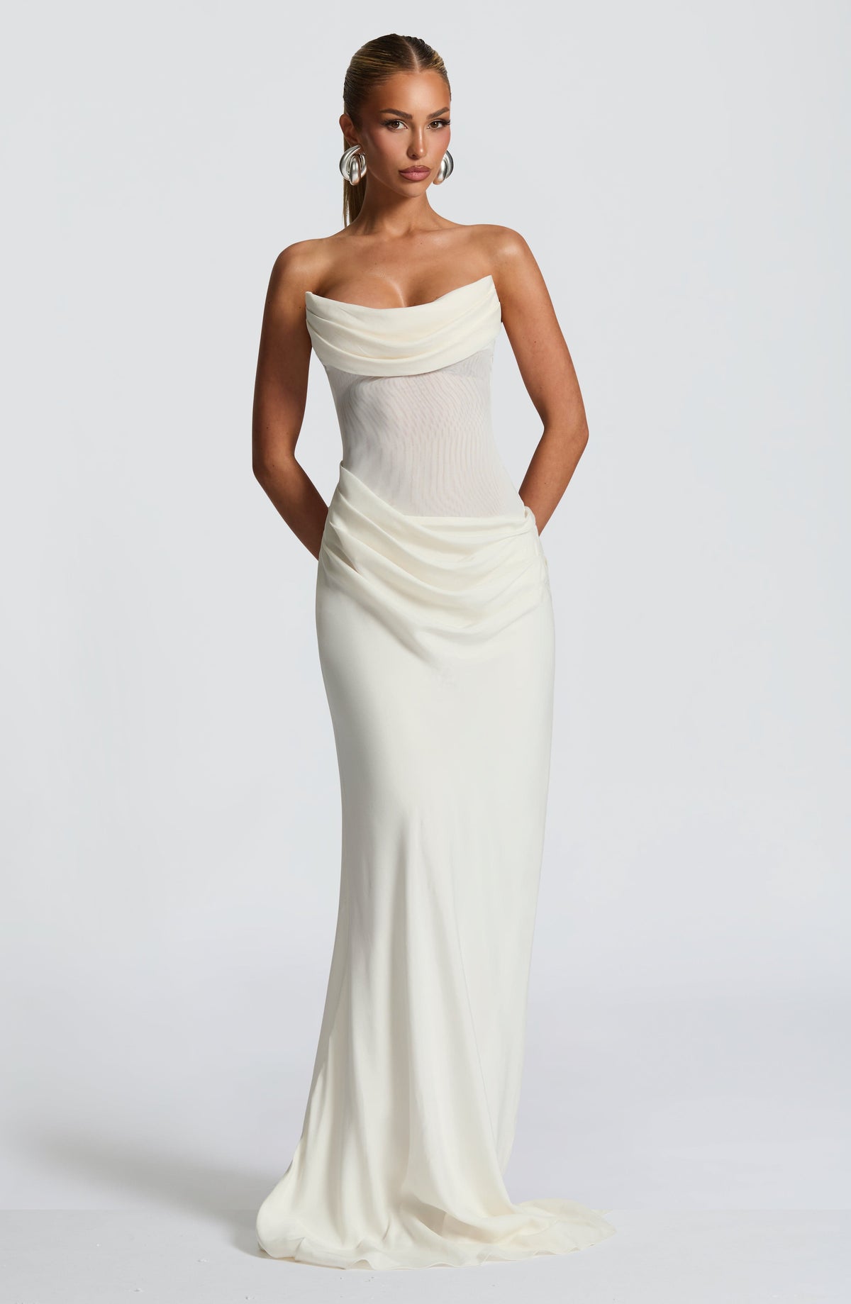 Women's Dress Cowl Neck Ivory Mesh Bridal Evening