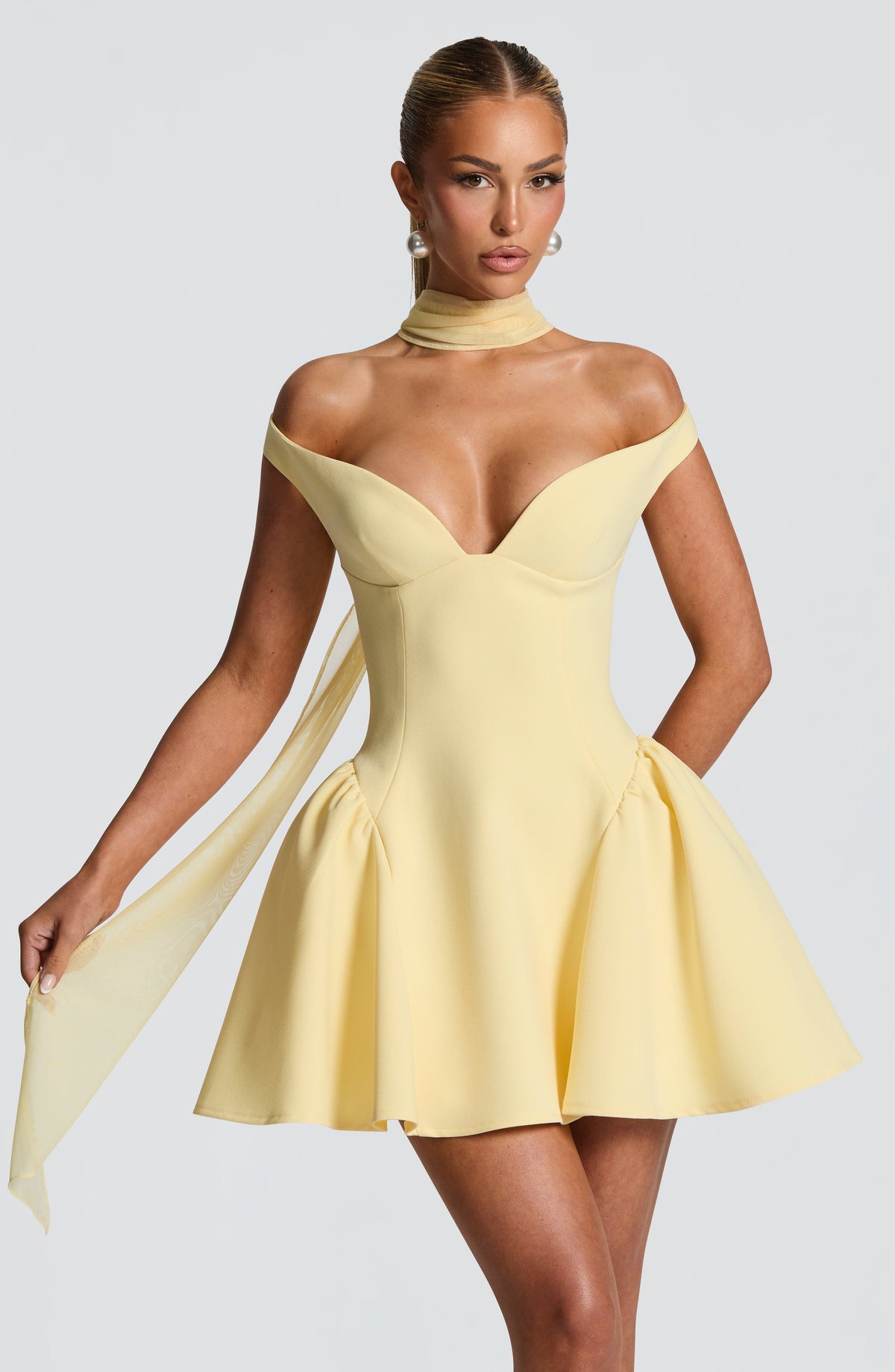 R.F Women's Dress Marla Bardot Lemon Crepe Cocktail