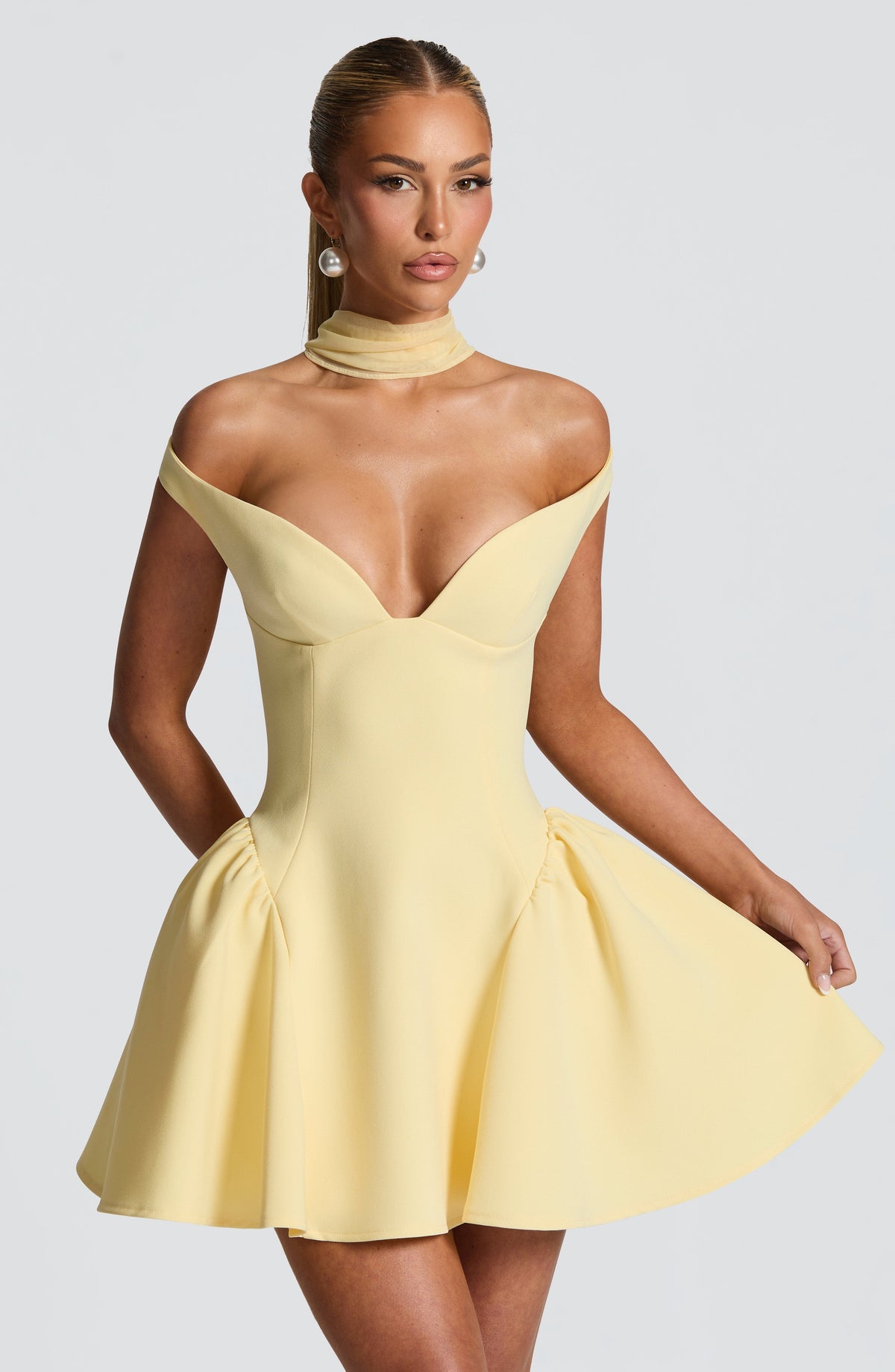R.F Women's Dress Marla Bardot Lemon Crepe Cocktail