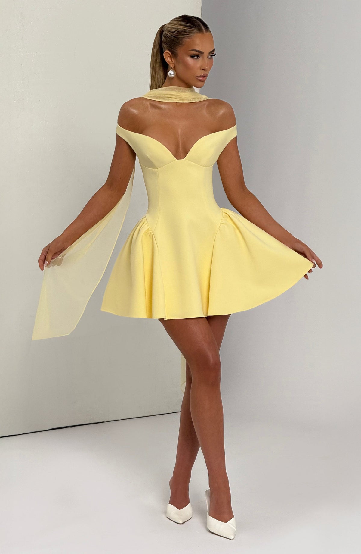 R.F Women's Dress Marla Bardot Lemon Crepe Cocktail