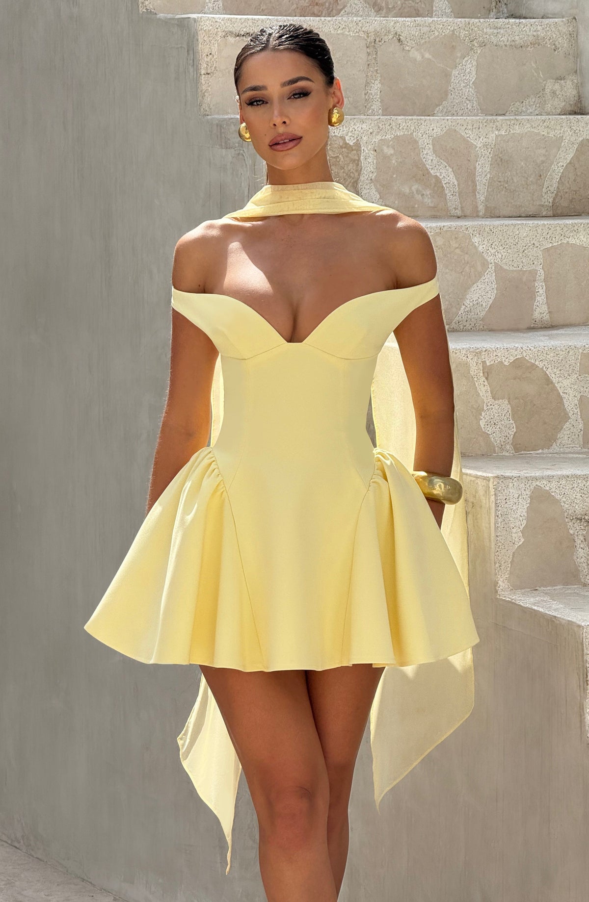R.F Women's Dress Marla Bardot Lemon Crepe Cocktail