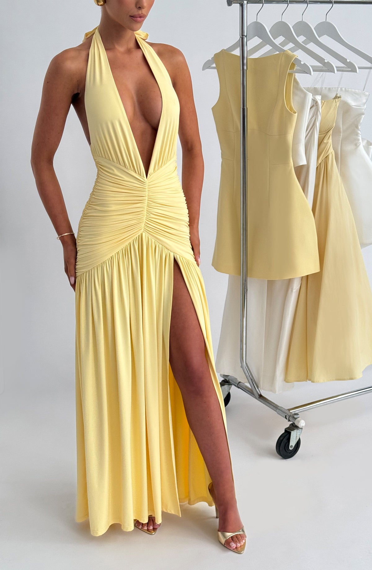 DIA Women's Dress Plunge Melania Lemon Slinky Ruched Party