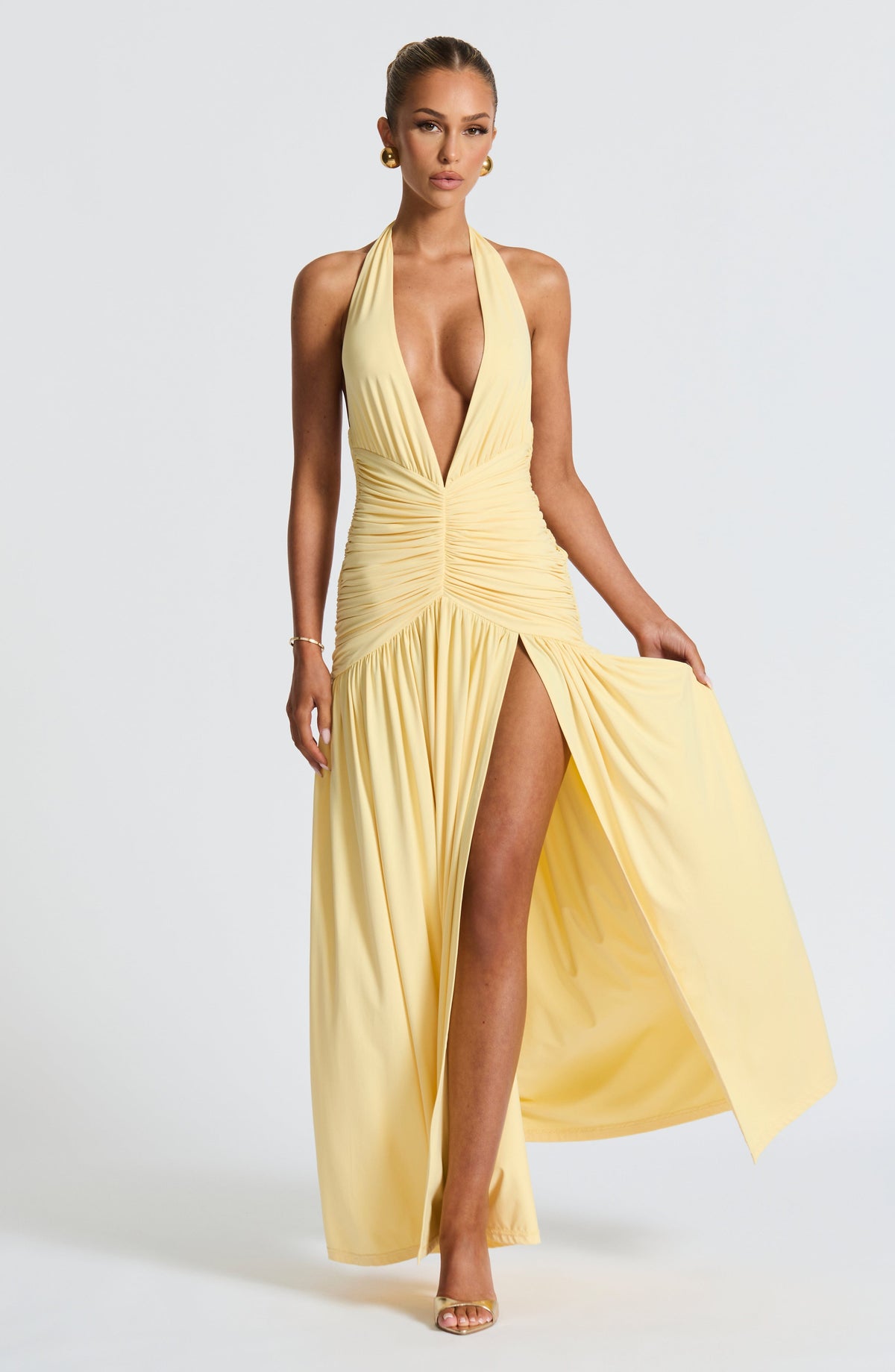 DIA Women's Dress Plunge Melania Lemon Slinky Ruched Party