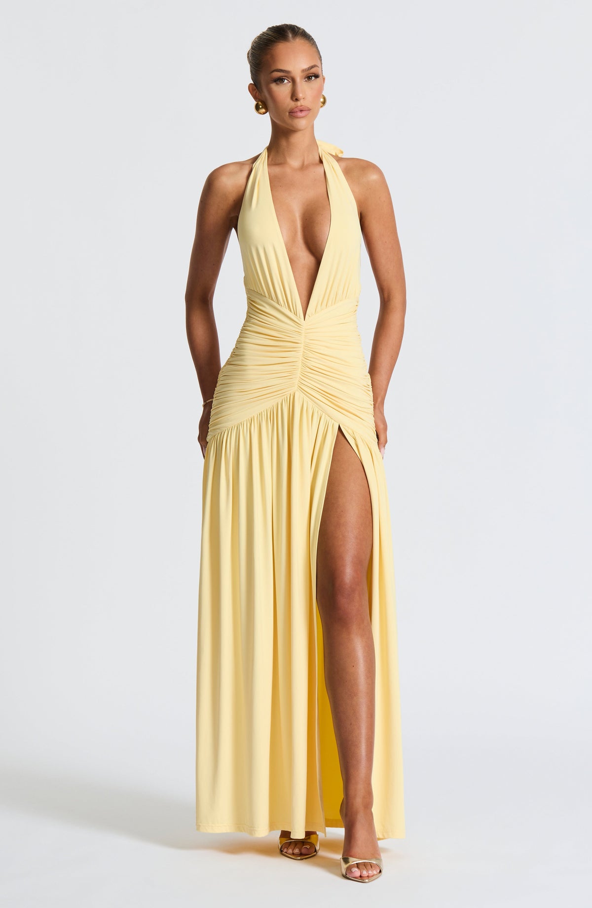 DIA Women's Dress Plunge Melania Lemon Slinky Ruched Party