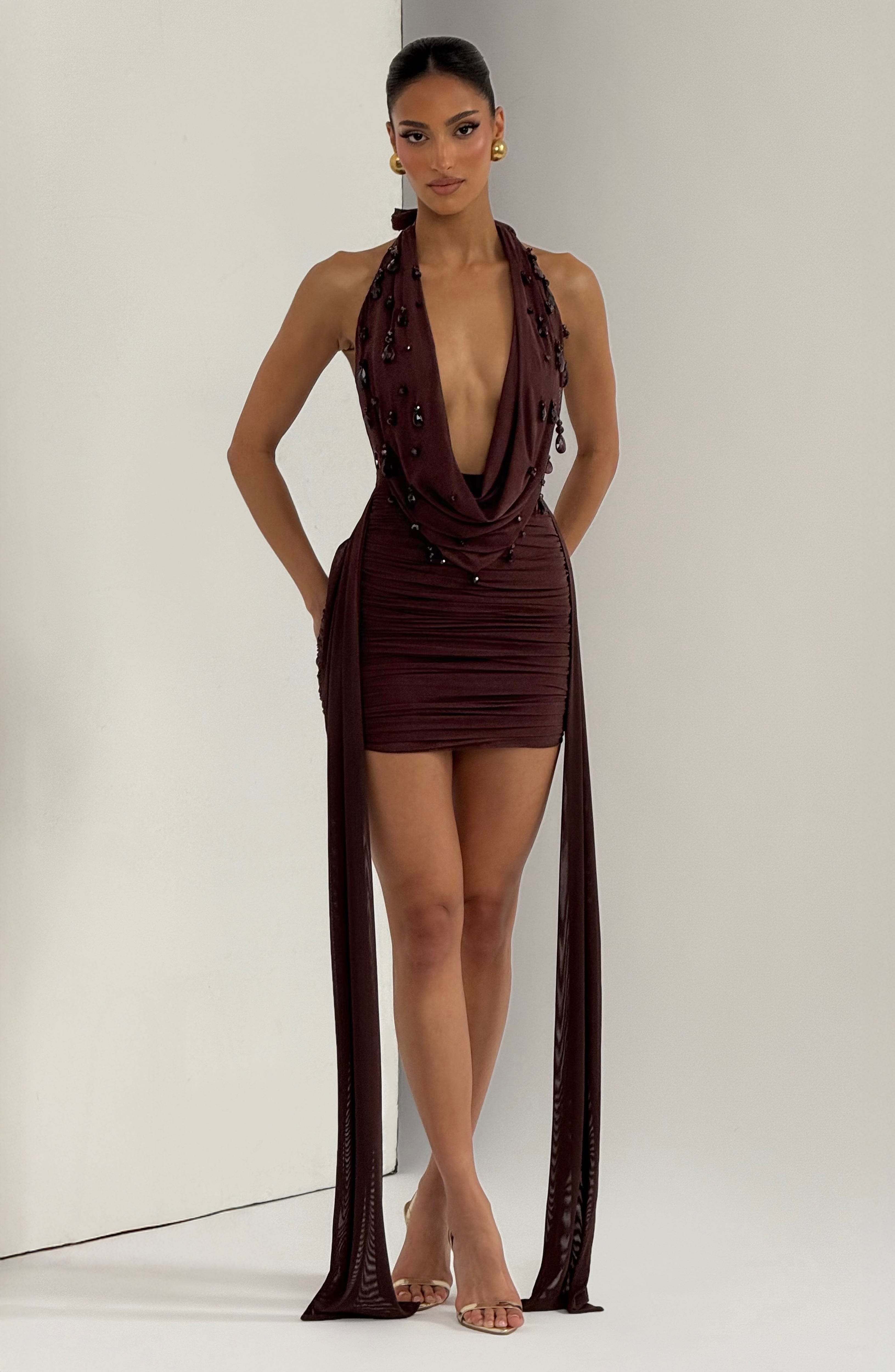 Melona Women's Dress Bodycon Plum Brown Embellished Mesh Party