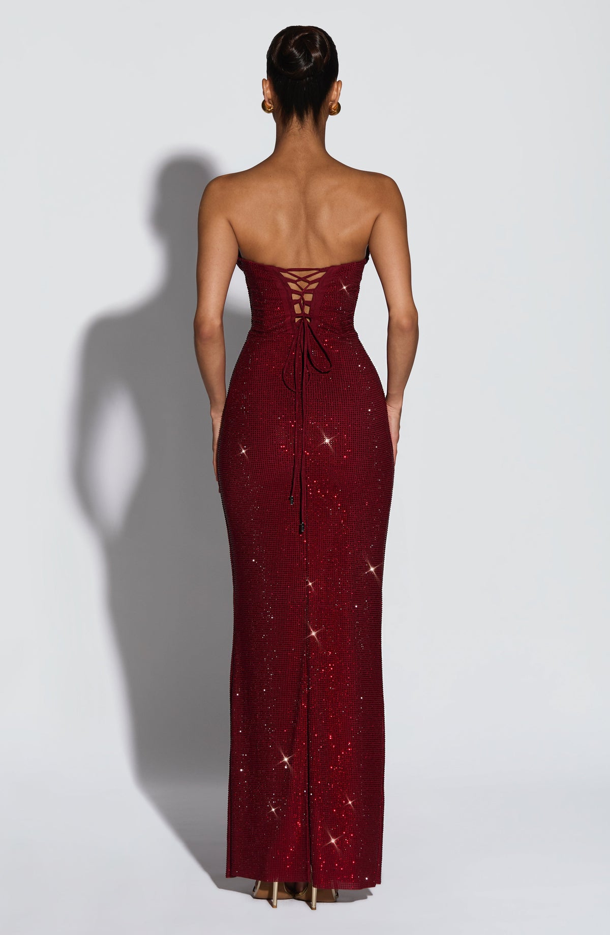 L.F Women's Dress Mirabella Strapless Corset Burgundy Rhinestone Mesh Evening