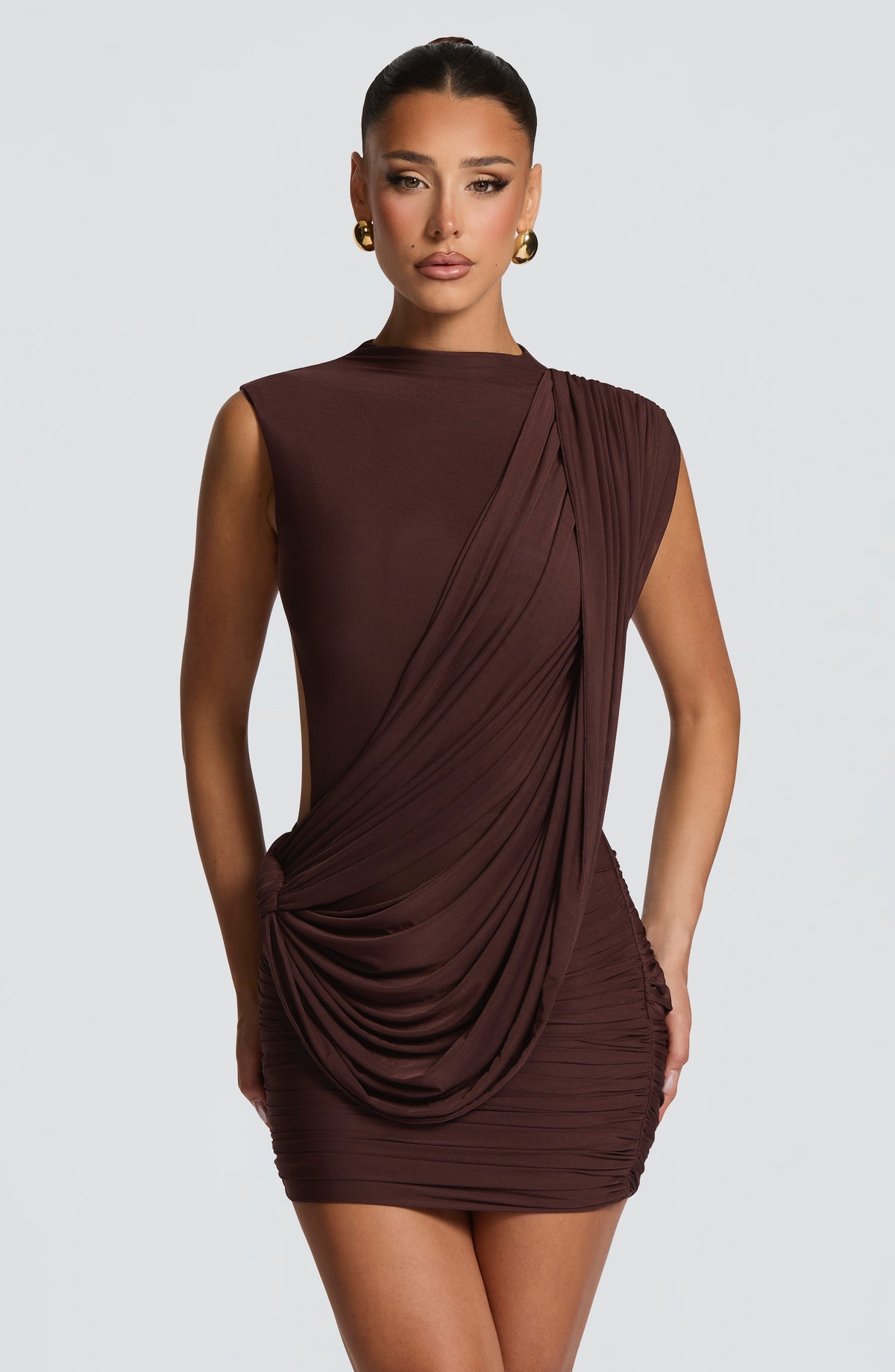R.F Women's Dress Ruched Plum Brown Mesh Party