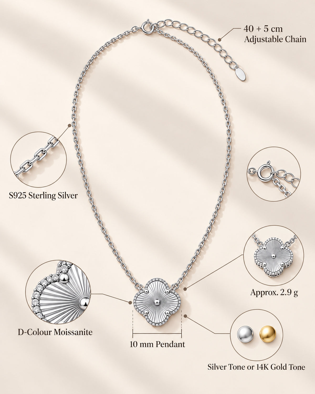 Women's S925 sterling silver moissanite clover necklace specifications