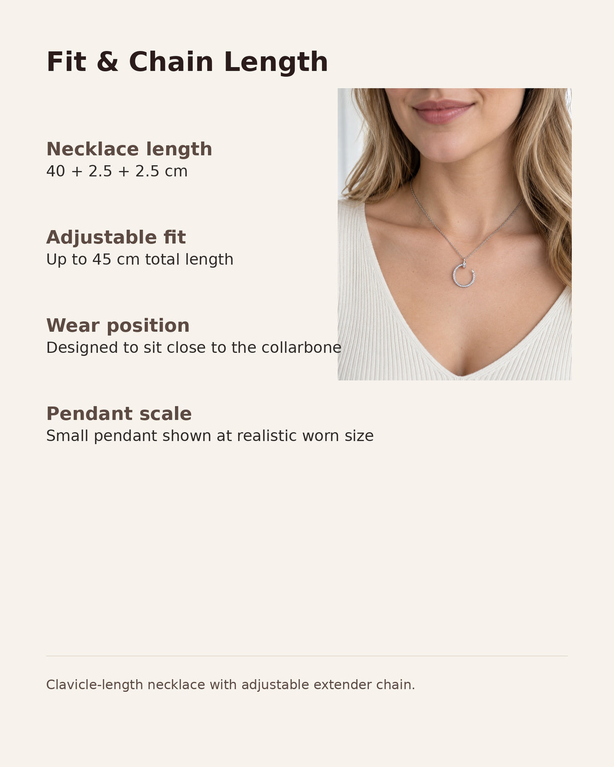 Fit and chain length details for moissanite crescent nail pendant necklace