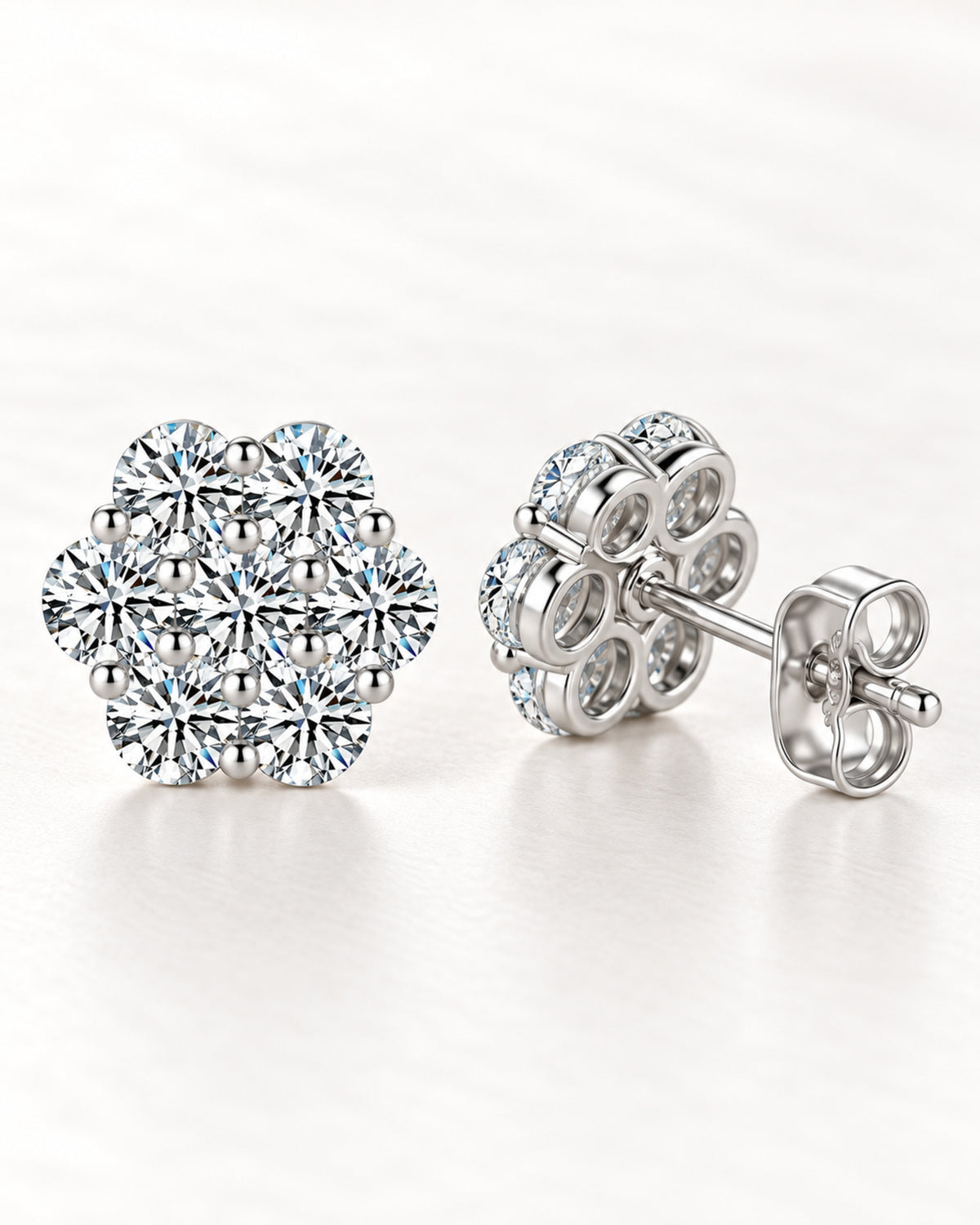 Rear view of moissanite flower studs with butterfly backs