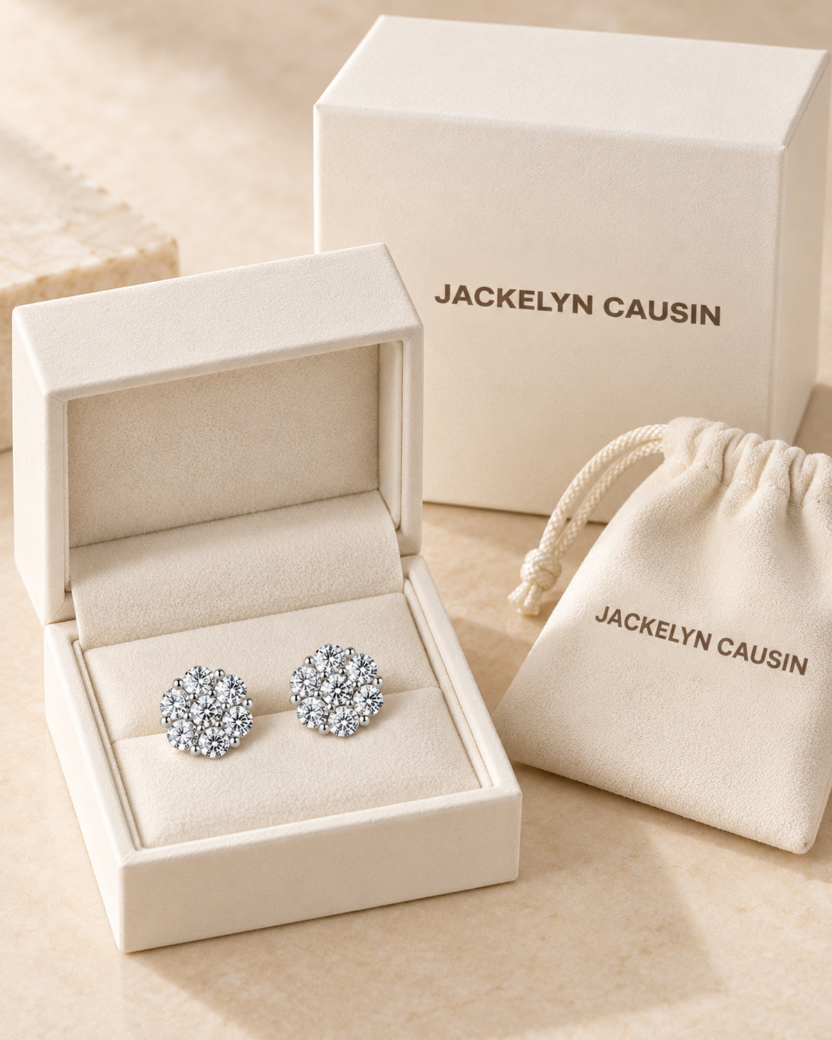 JACKELYN CAUSIN ivory packaging with moissanite flower cluster studs