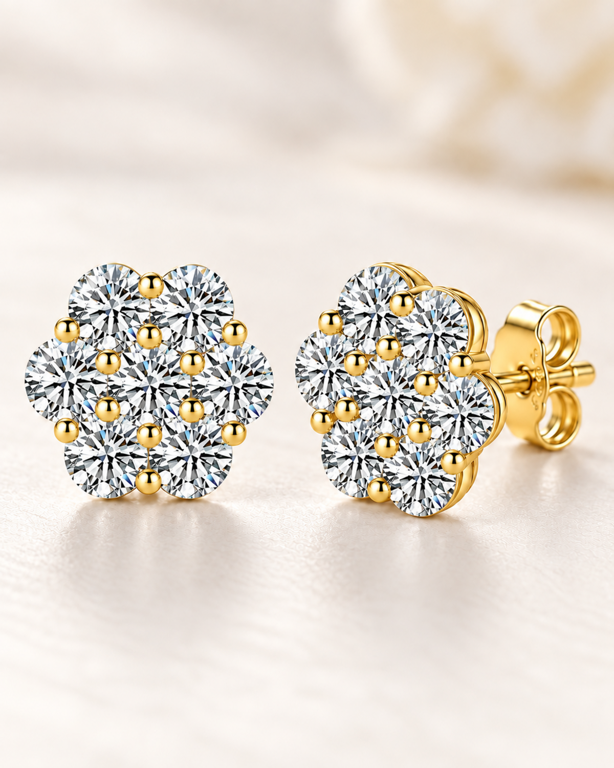 Gold-tone seven-stone flower cluster moissanite stud earrings in S925 sterling silver