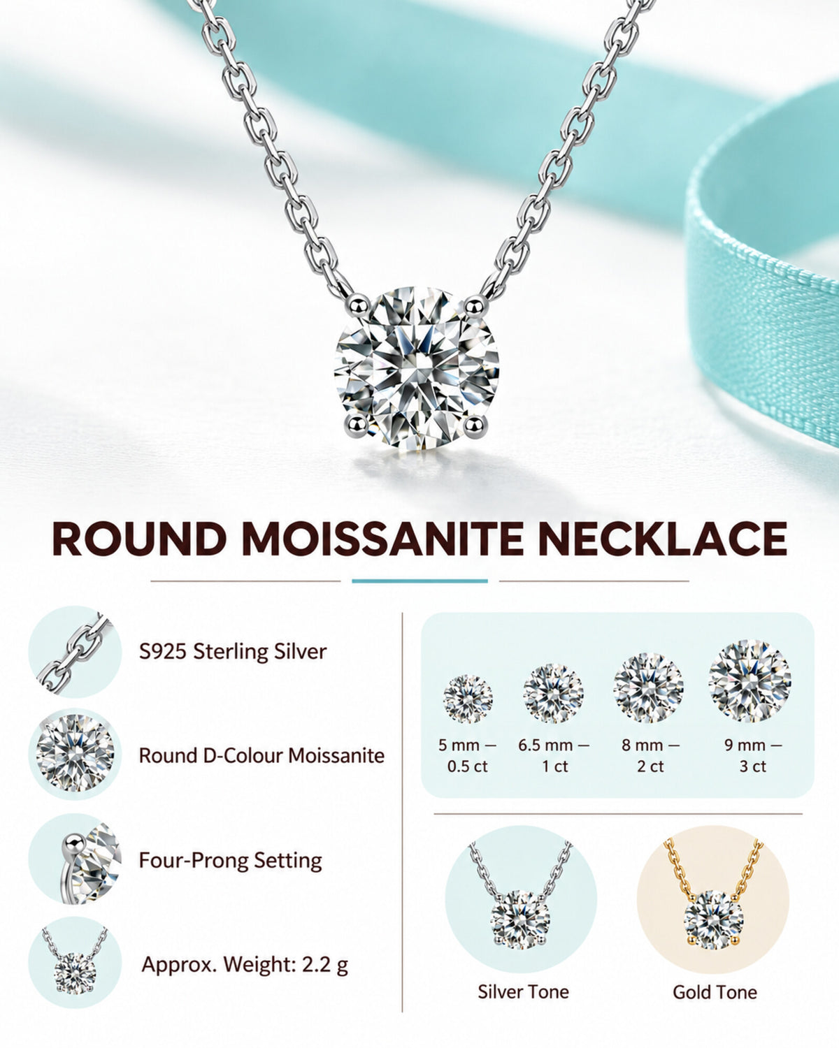 S925 sterling silver round moissanite necklace sizes and specifications