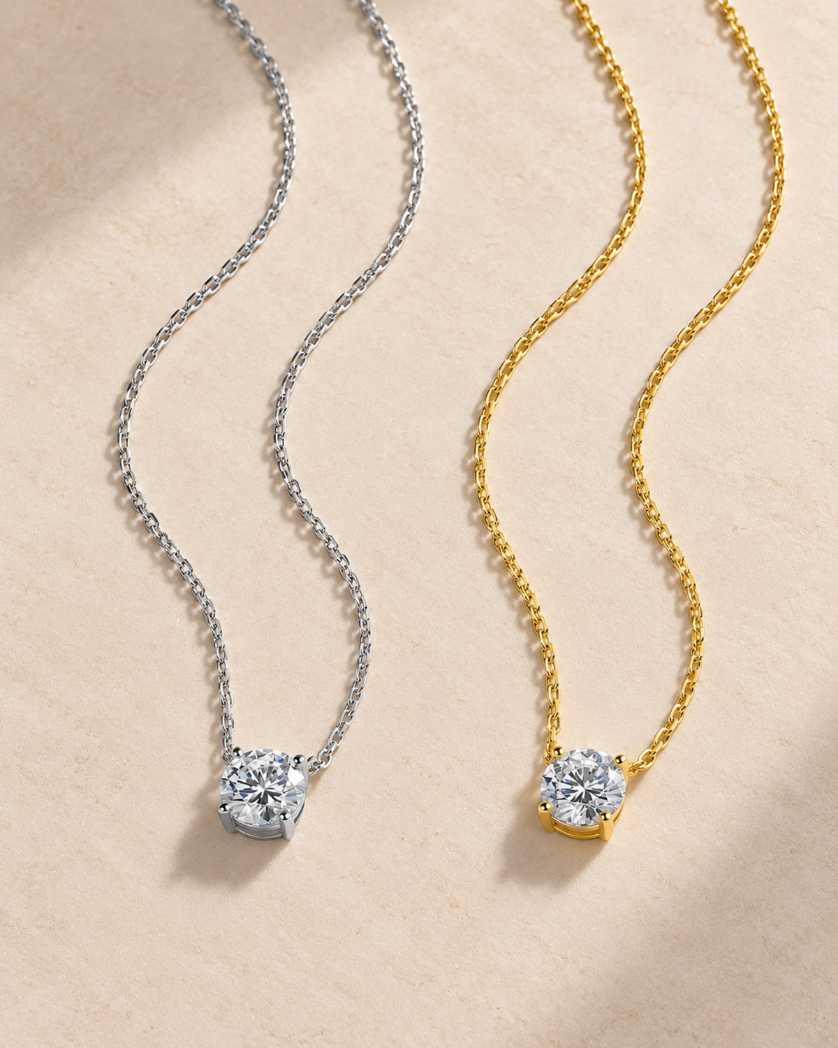 Round moissanite pendant necklace in silver-tone and gold-tone finishes