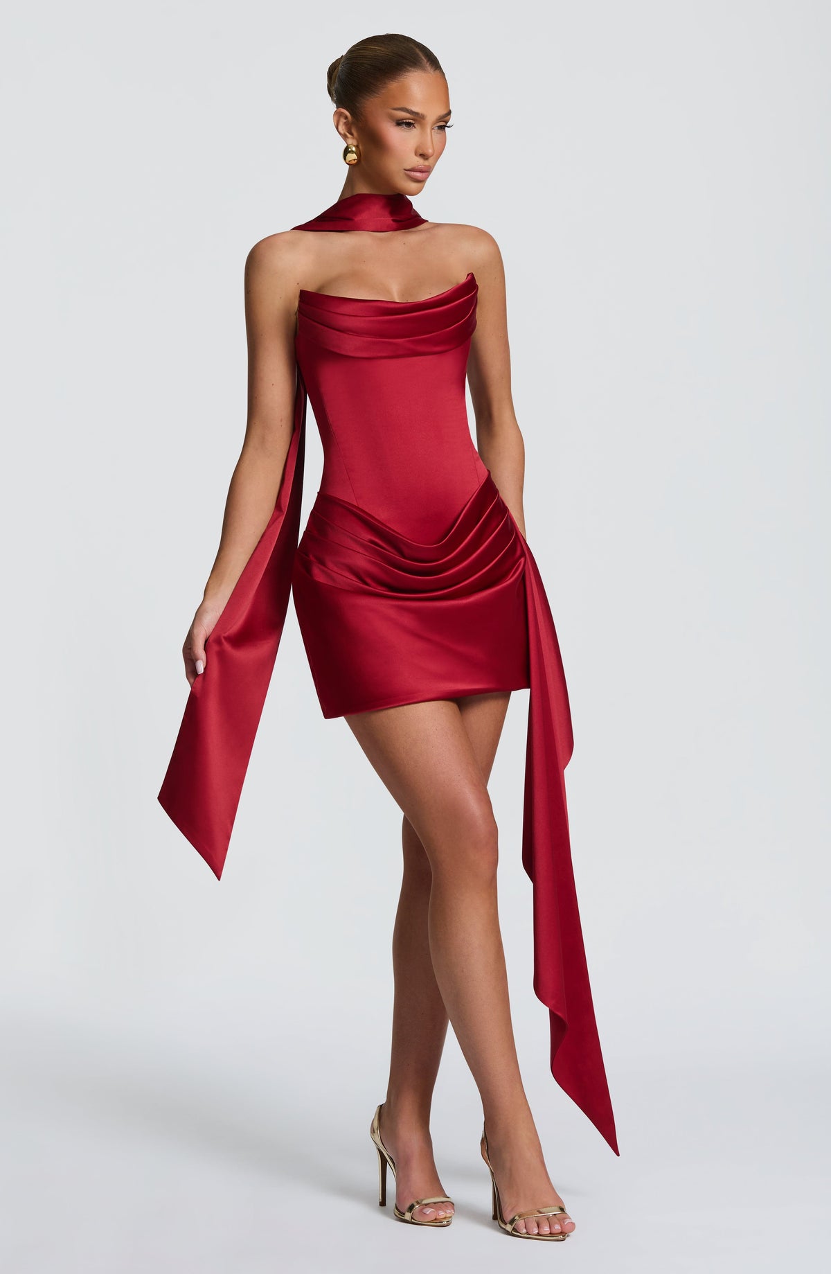 M.T Women's Dress Strapless Cowl Neck Deep Red Satin Party Mini