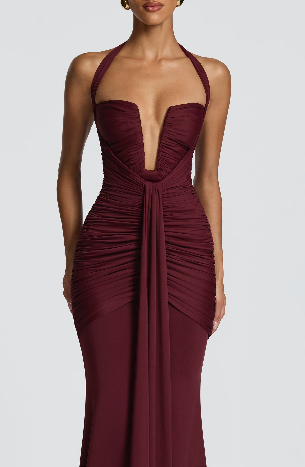 DIA Women's Maxi Dress Plunge Ruched Cherry Lacquer Slinky Jersey Evening