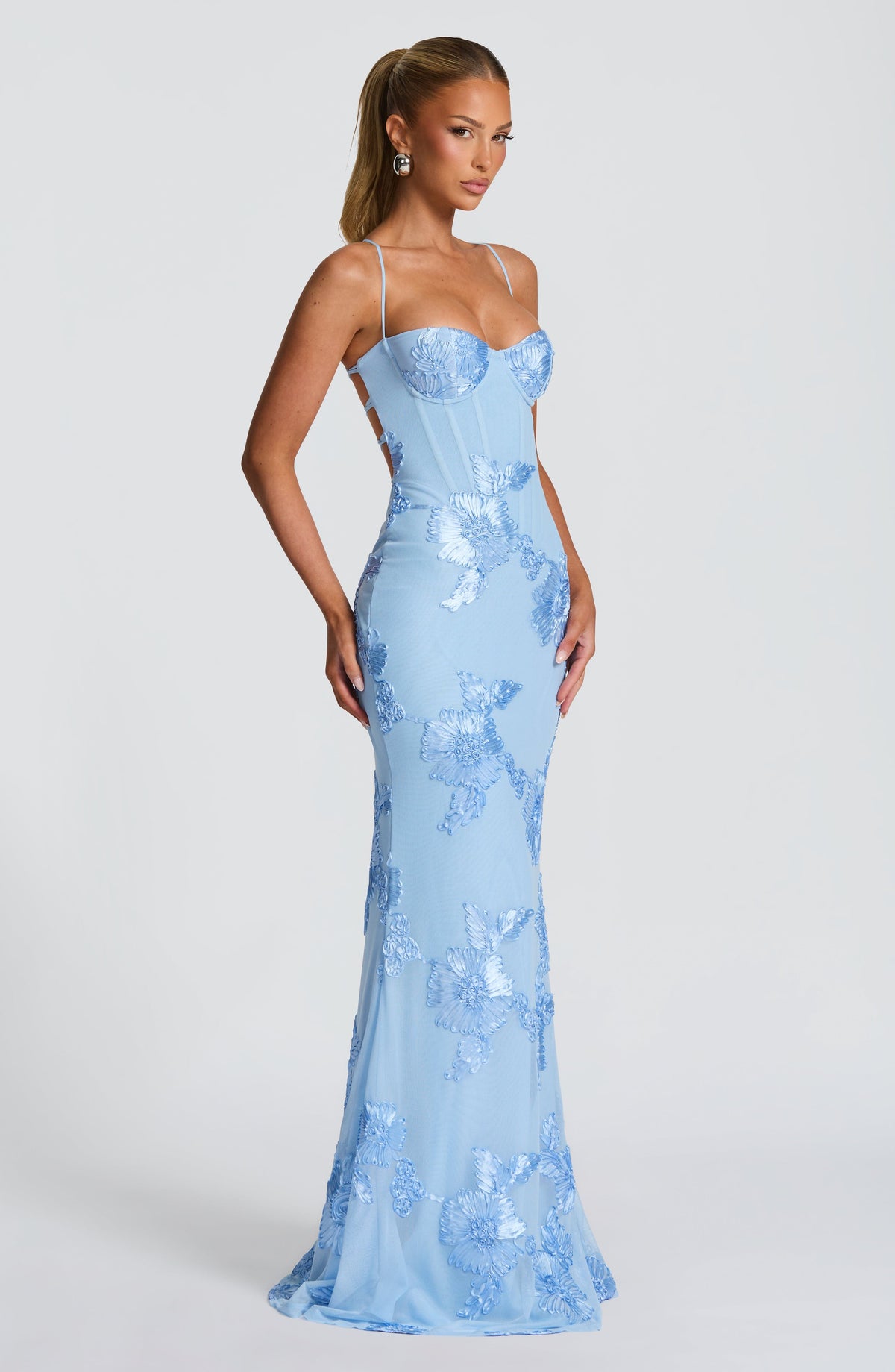 L.F Women's Dress Maxi Corset Glacier Blue Mesh Applique Formal