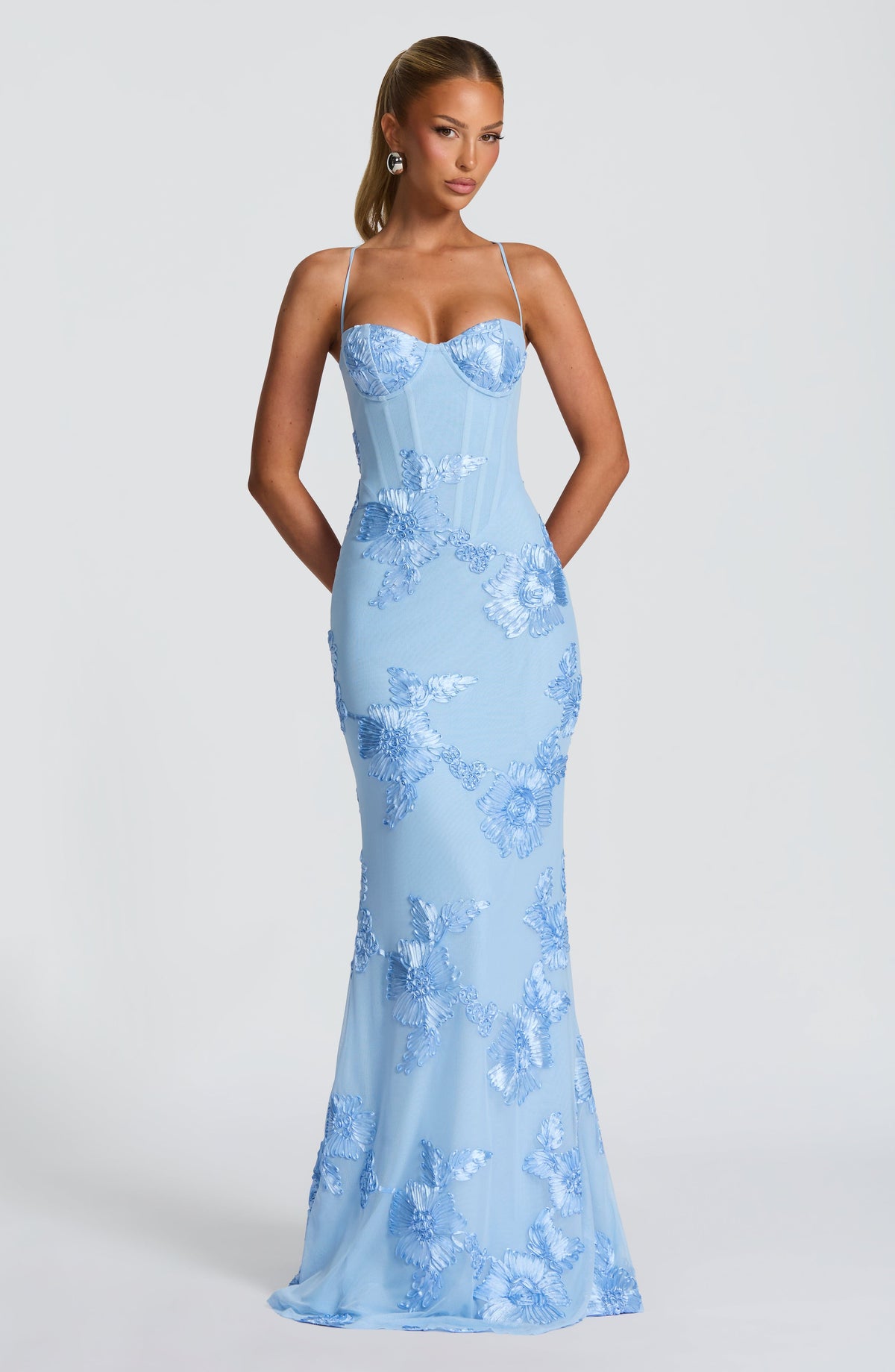 L.F Women's Dress Maxi Corset Glacier Blue Mesh Applique Formal