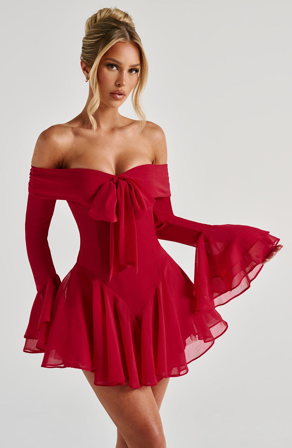Women's Dress Bardot Playsuit Red Chiffon Evening Party
