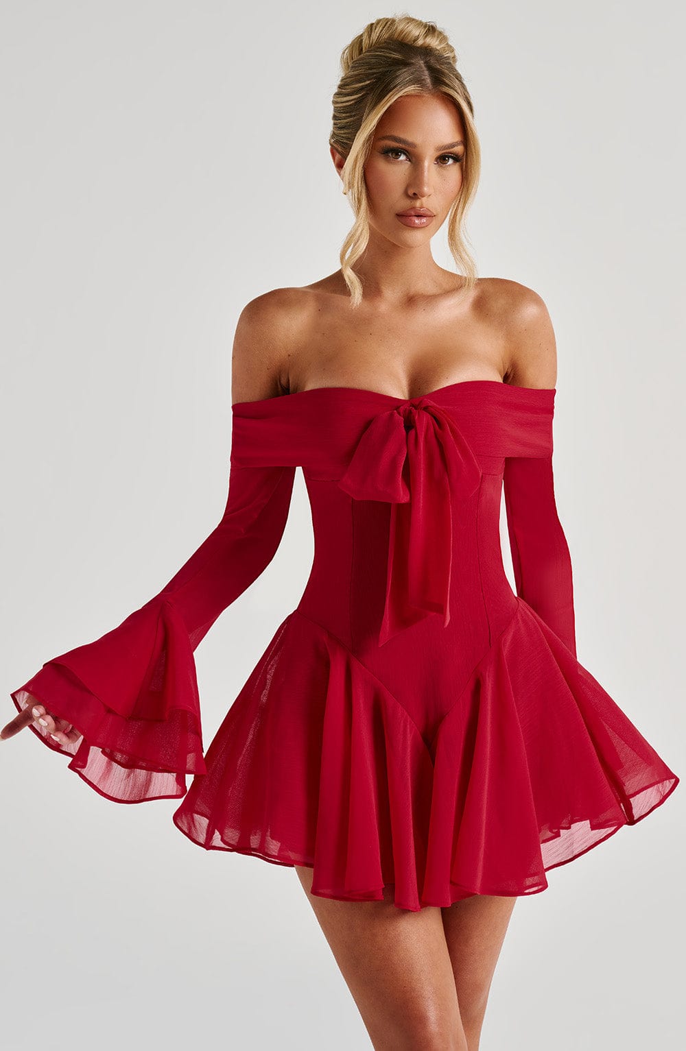 Women's Dress Bardot Playsuit Red Chiffon Evening Party