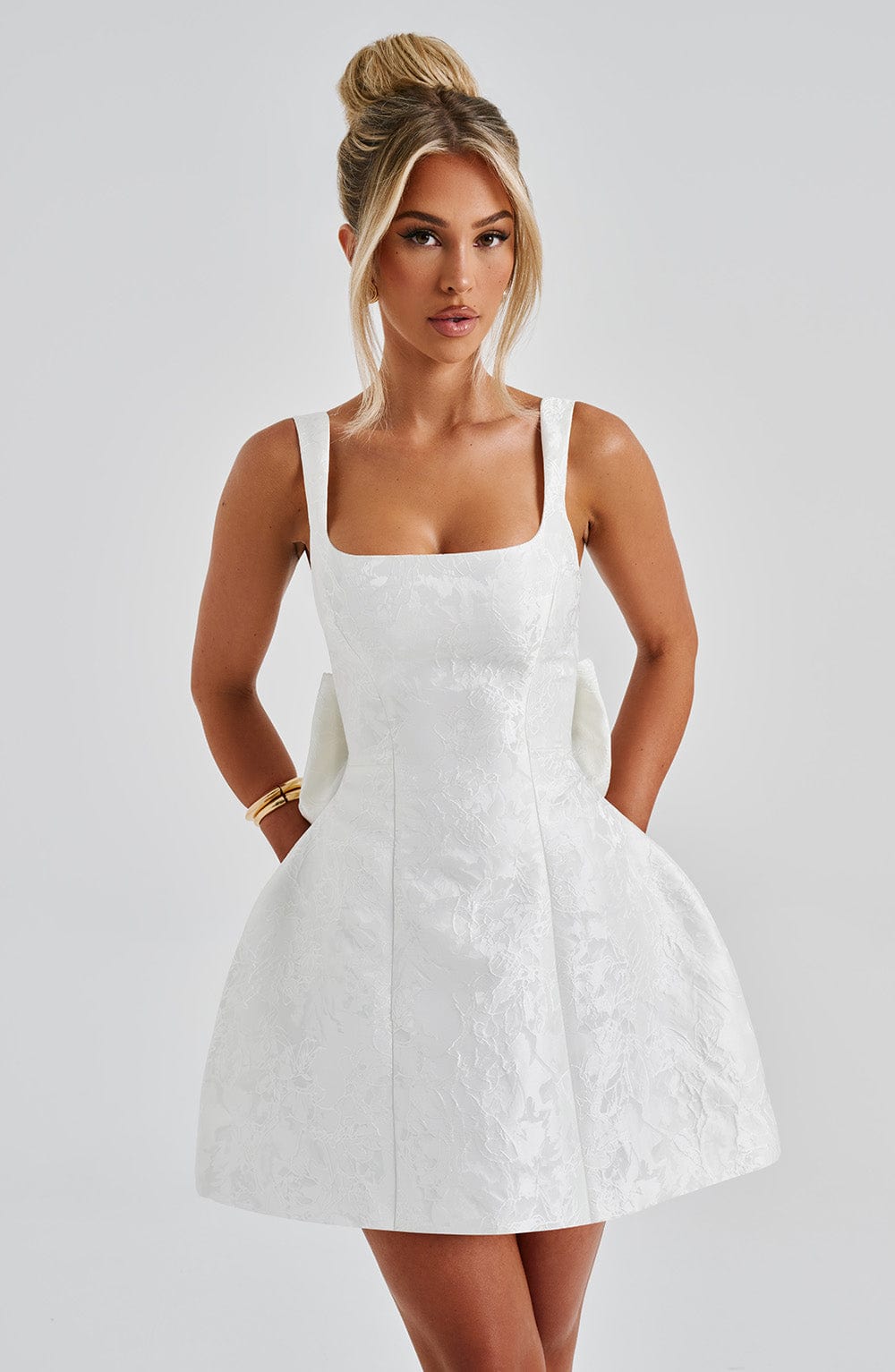 Women's Mini Dress Square Neck Ivory Jacquard Bow Party