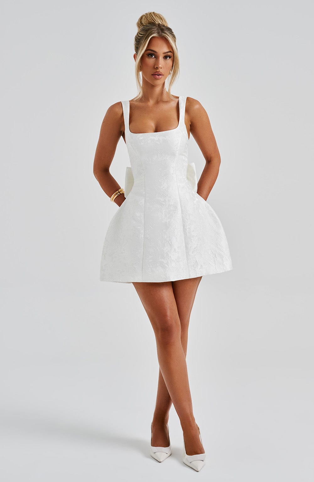 Women's Mini Dress Square Neck Ivory Jacquard Bow Party
