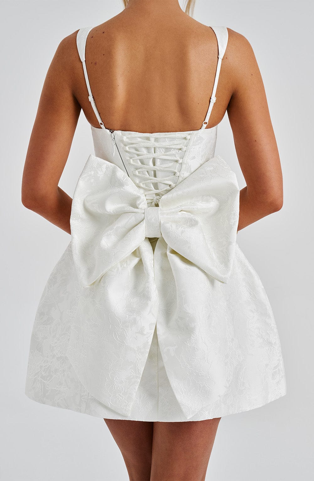 Women's Mini Dress Square Neck Ivory Jacquard Bow Party