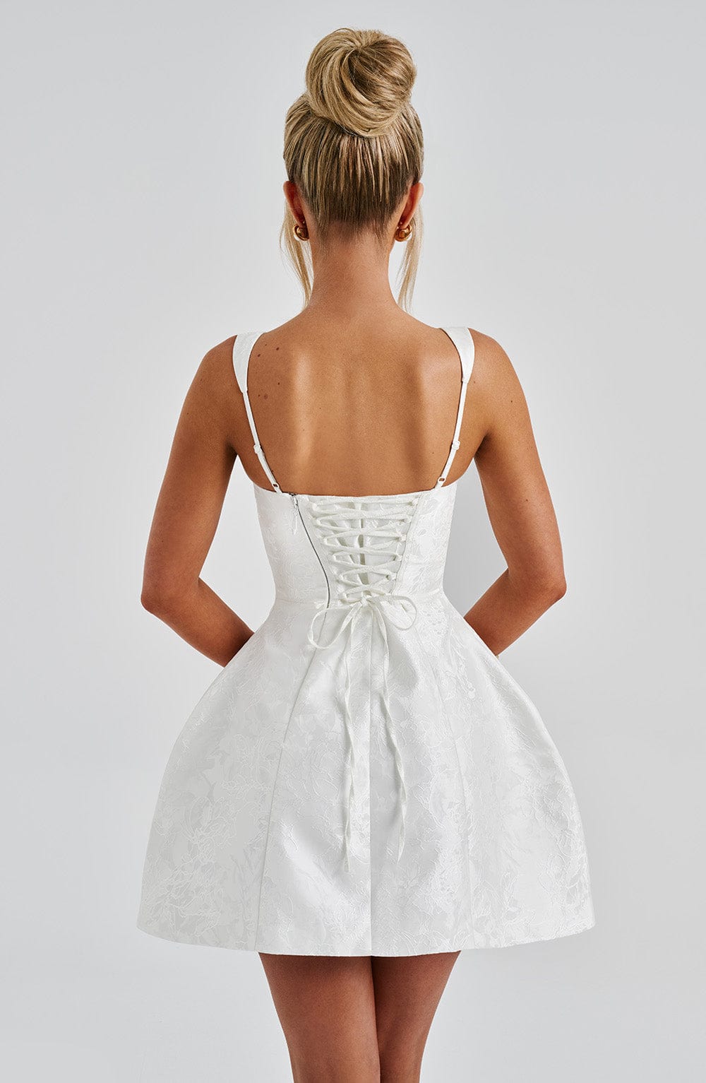 Women's Mini Dress Square Neck Ivory Jacquard Bow Party