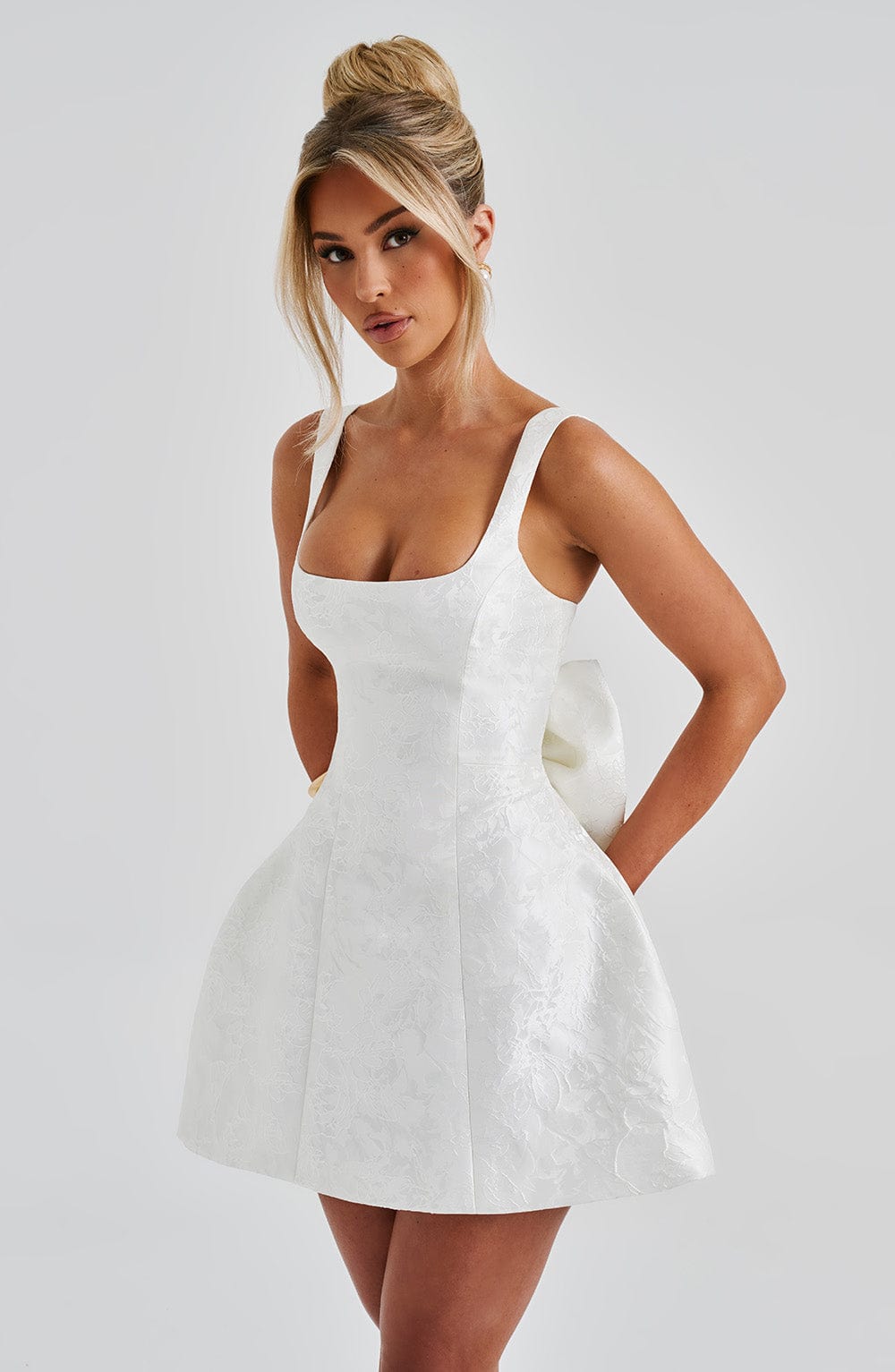 Women's Mini Dress Square Neck Ivory Jacquard Bow Party