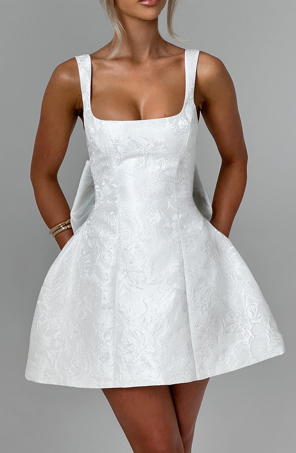 Women's Mini Dress Square Neck Ivory Jacquard Bow Party