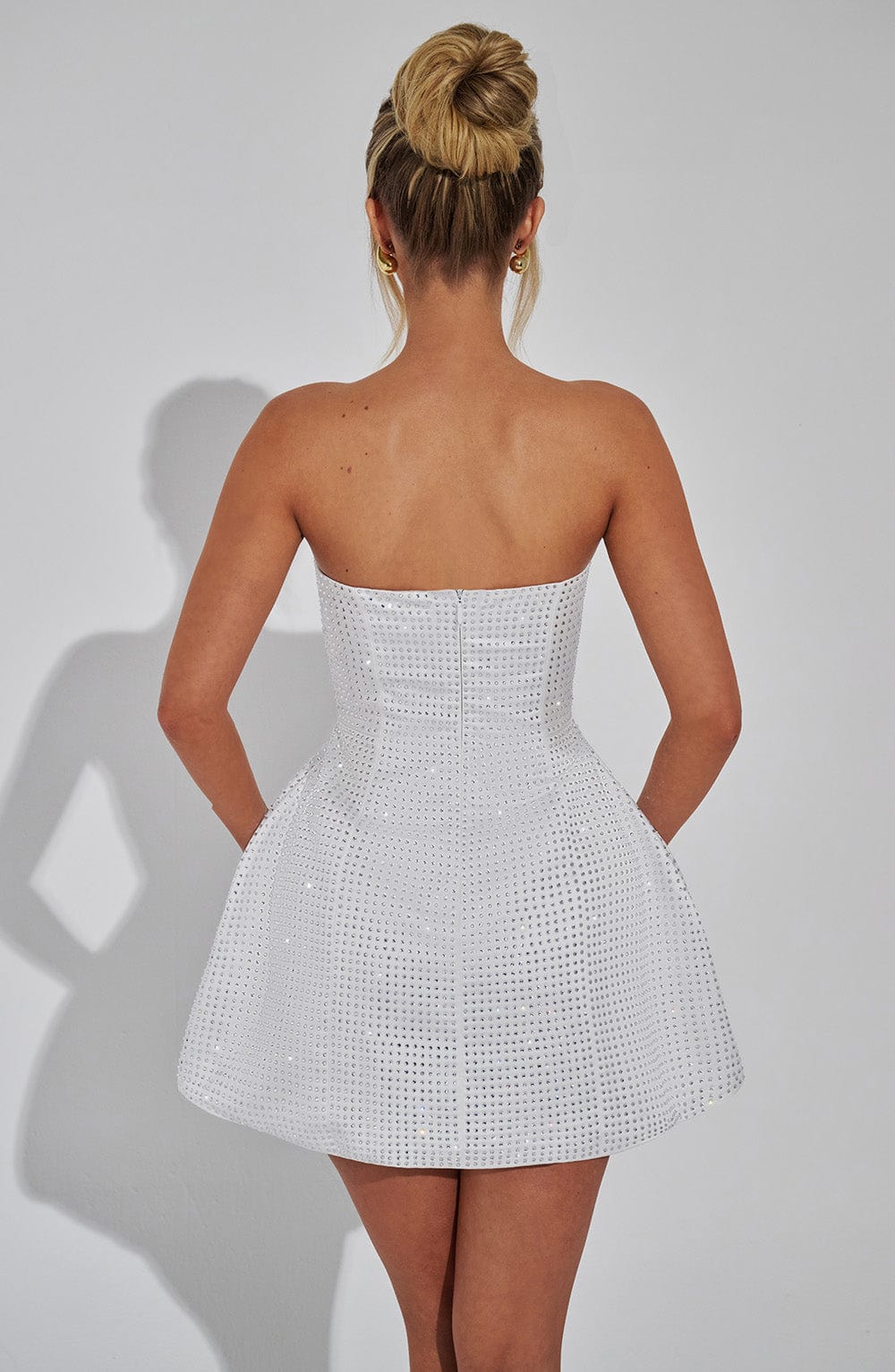 R.F Women's Dress Paloma Bubble Hem Ivory Embellished Satin Party