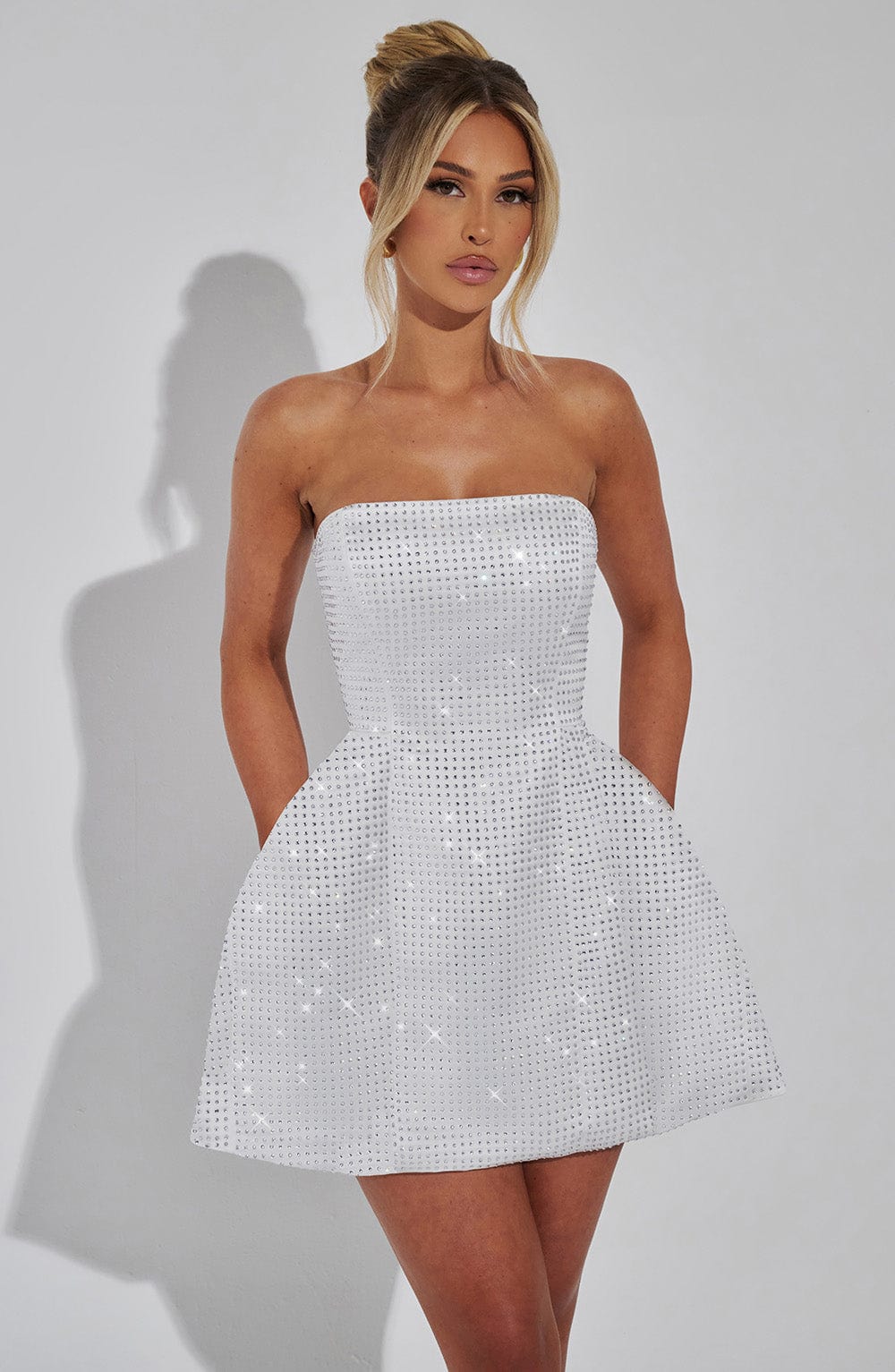 R.F Women's Dress Paloma Bubble Hem Ivory Embellished Satin Party