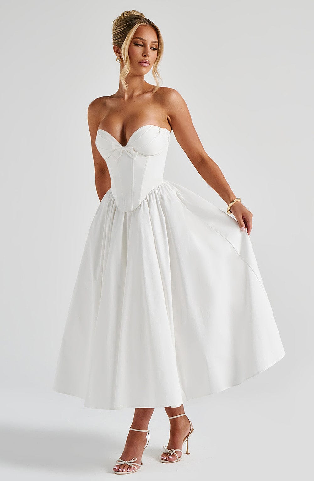 M.T Women's Dress Prim Midi Corset Ivory Cotton Strapless Bridal Evening