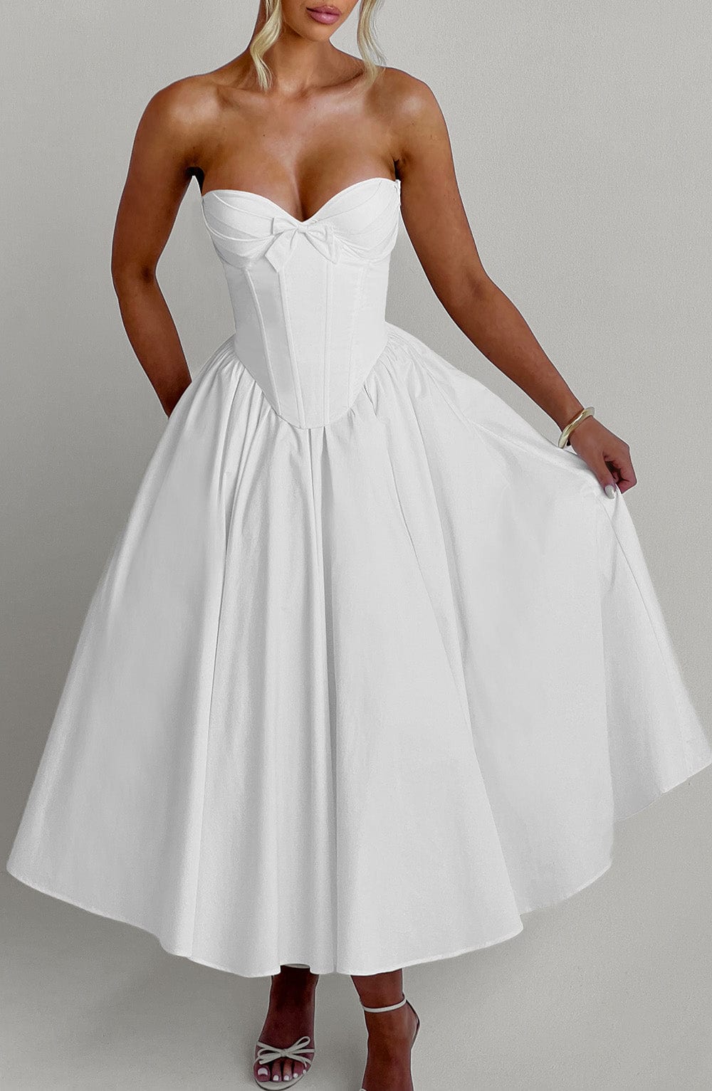 M.T Women's Dress Prim Midi Corset Ivory Cotton Strapless Bridal Evening
