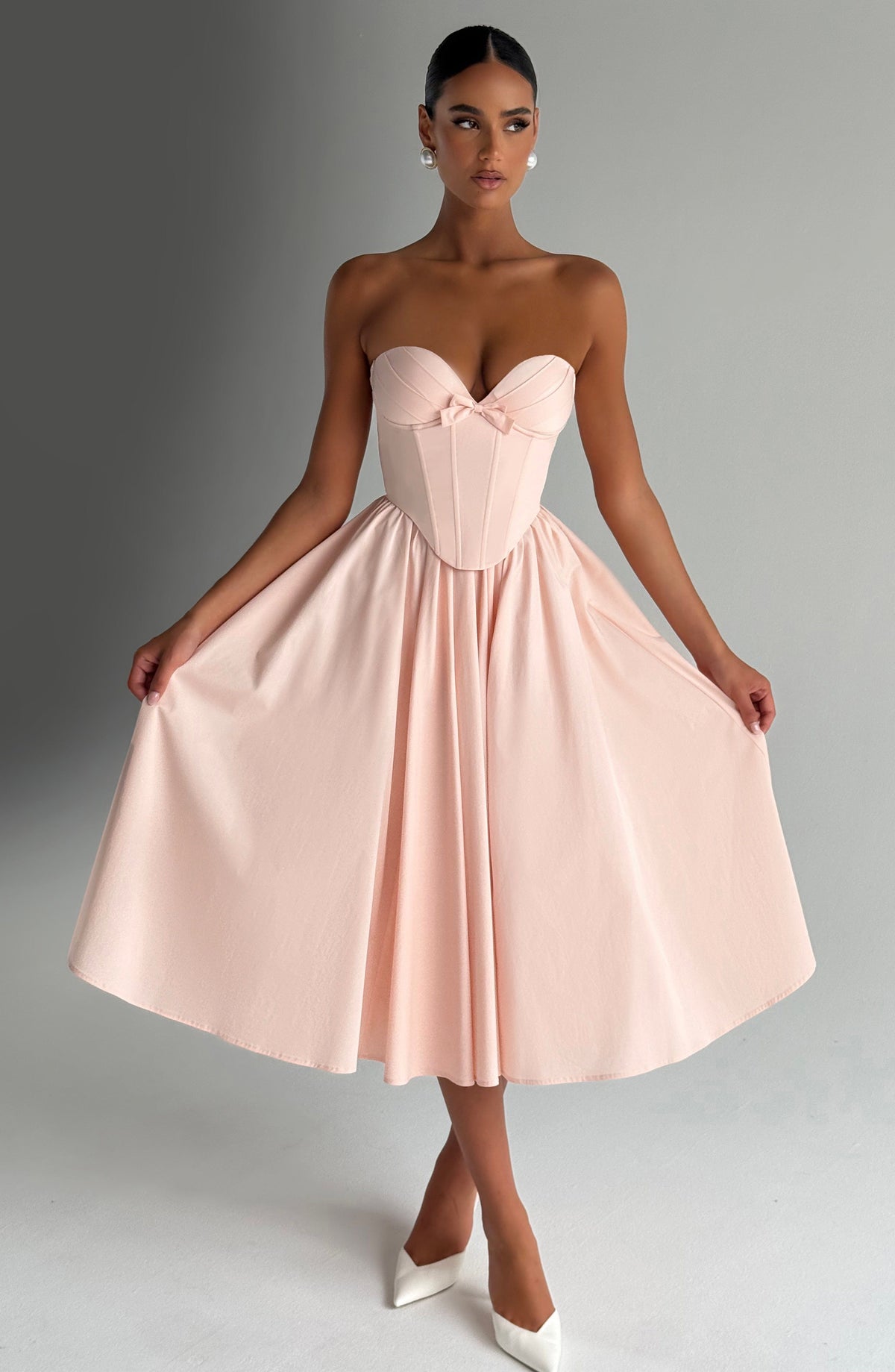 M.T Women's Dress Prim Corset Midi Soft Peach Bow Cocktail Evening